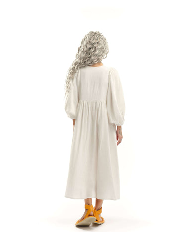 Cotton-Blend Midi Dress Designed with a relaxed, babydoll silhouette, this dress drapes effortlessly, letting the fabric move with ease. The billowing sleeves fall just above the wrists, adding a touch of structure to the fluid shape, while the v-neckline