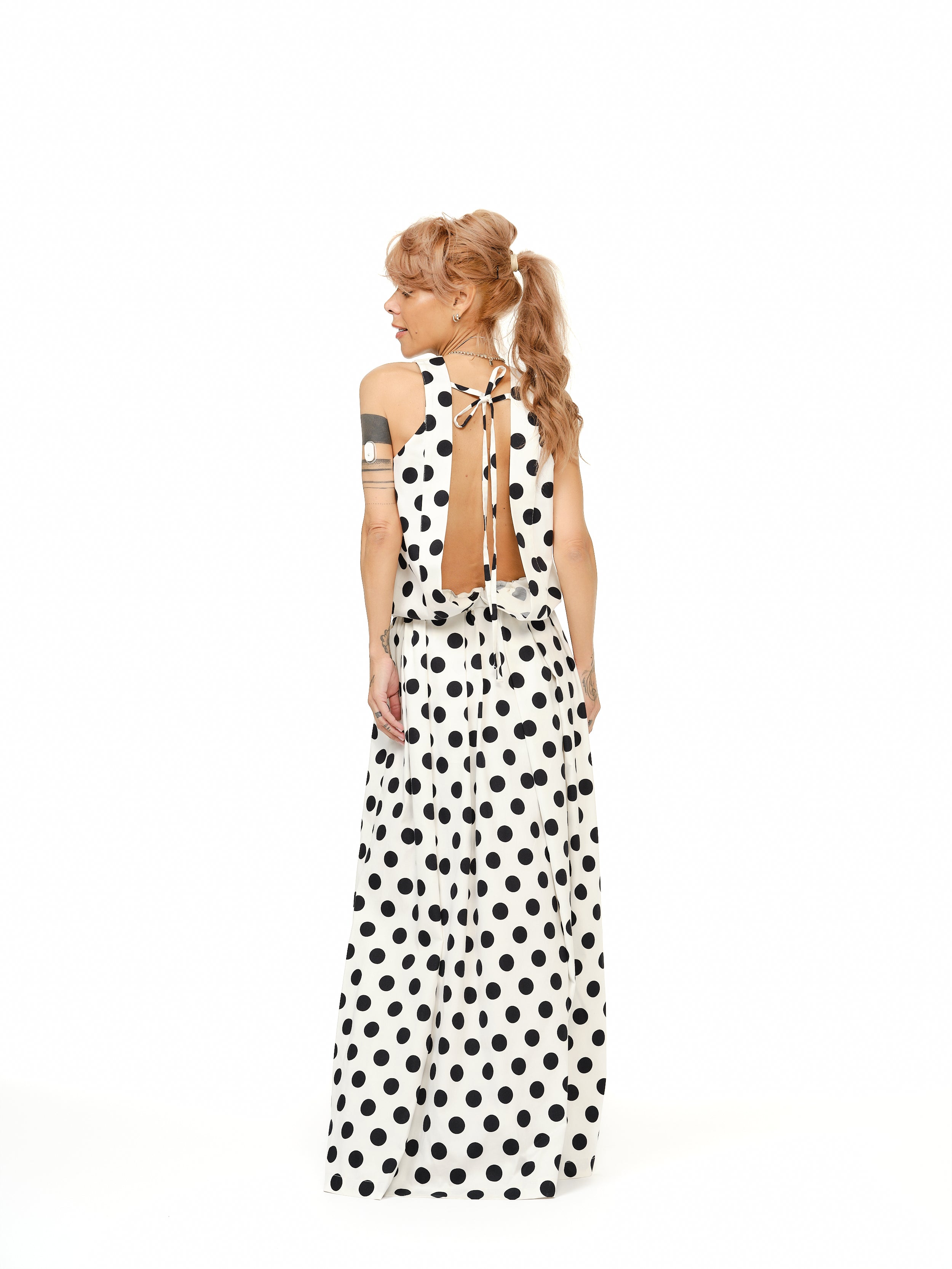 Open-Back Polka Dot Maxi Dress in White