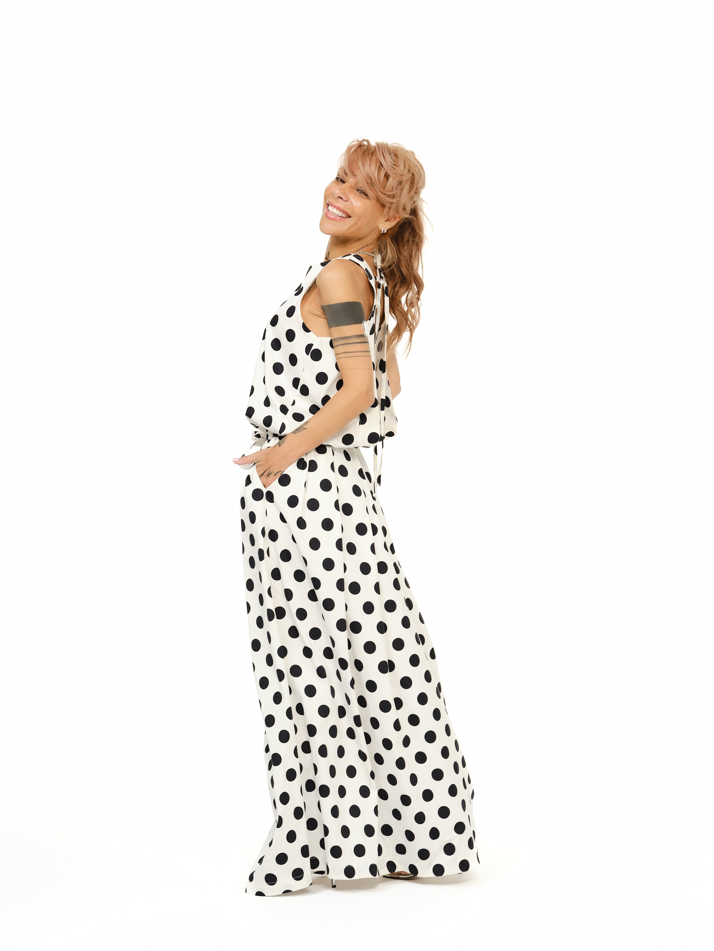 Open-Back Polka Dot Maxi Dress in White