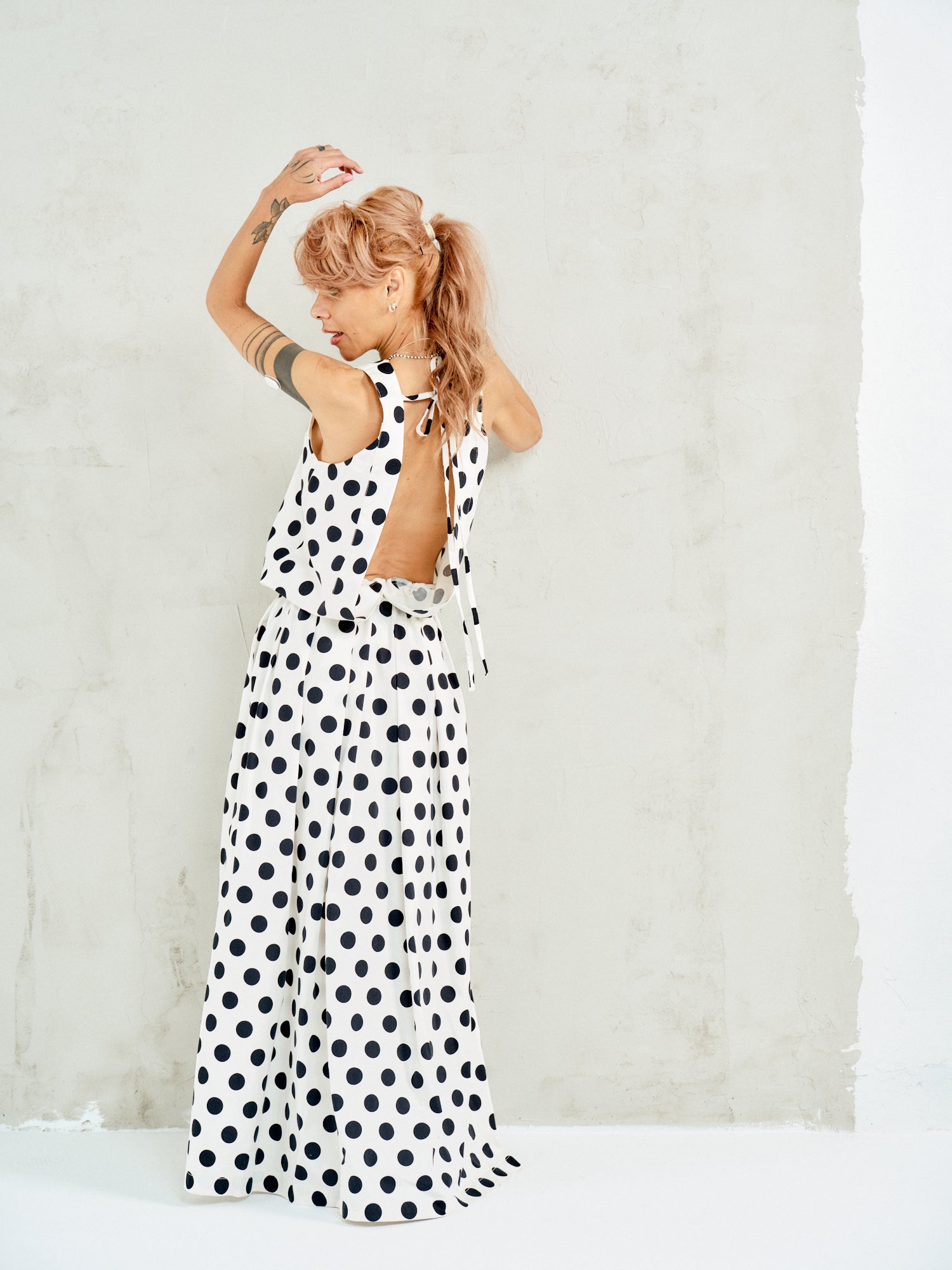 Open-Back Polka Dot Maxi Dress in White