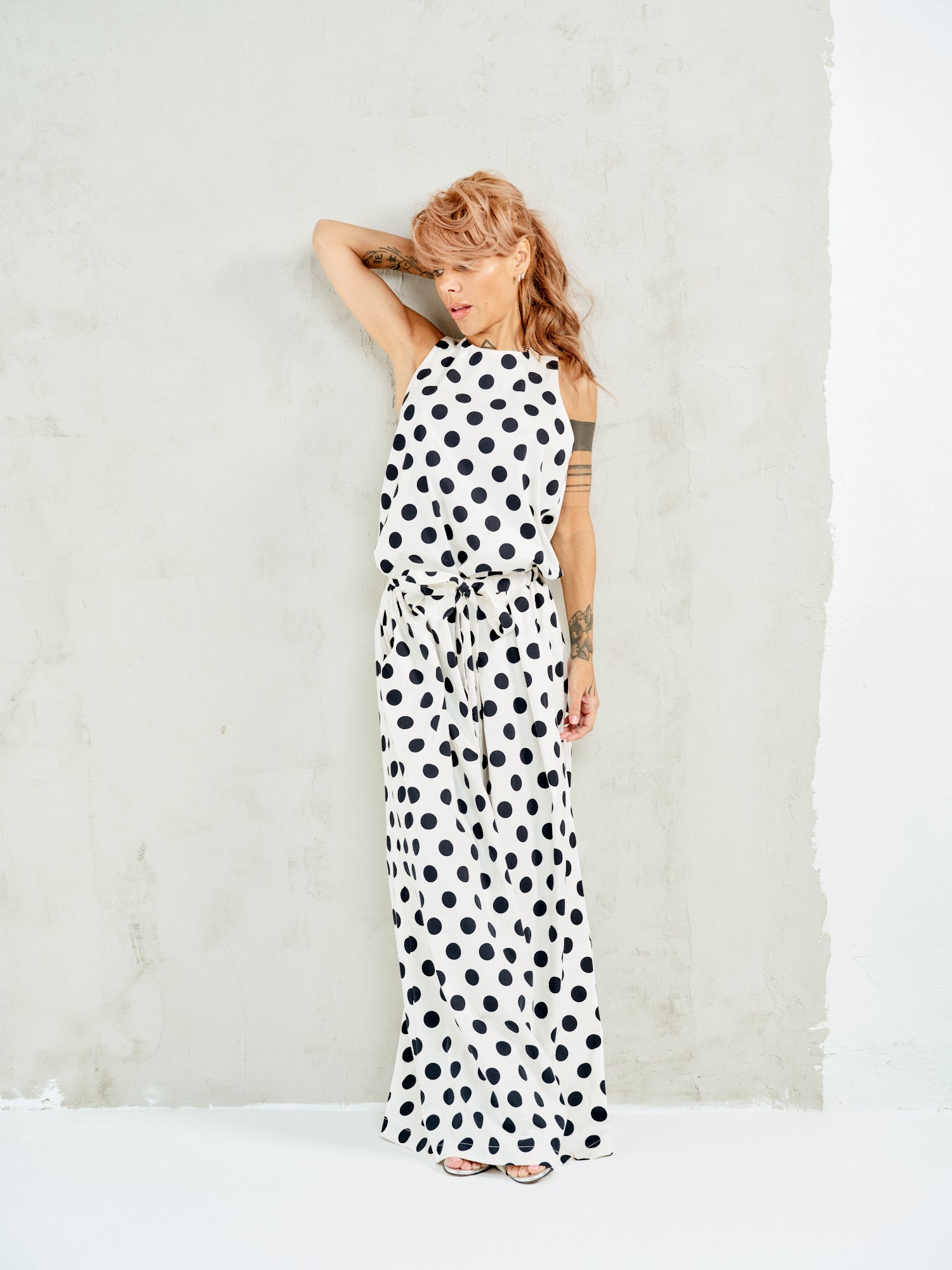 Open-Back Polka Dot Maxi Dress in White