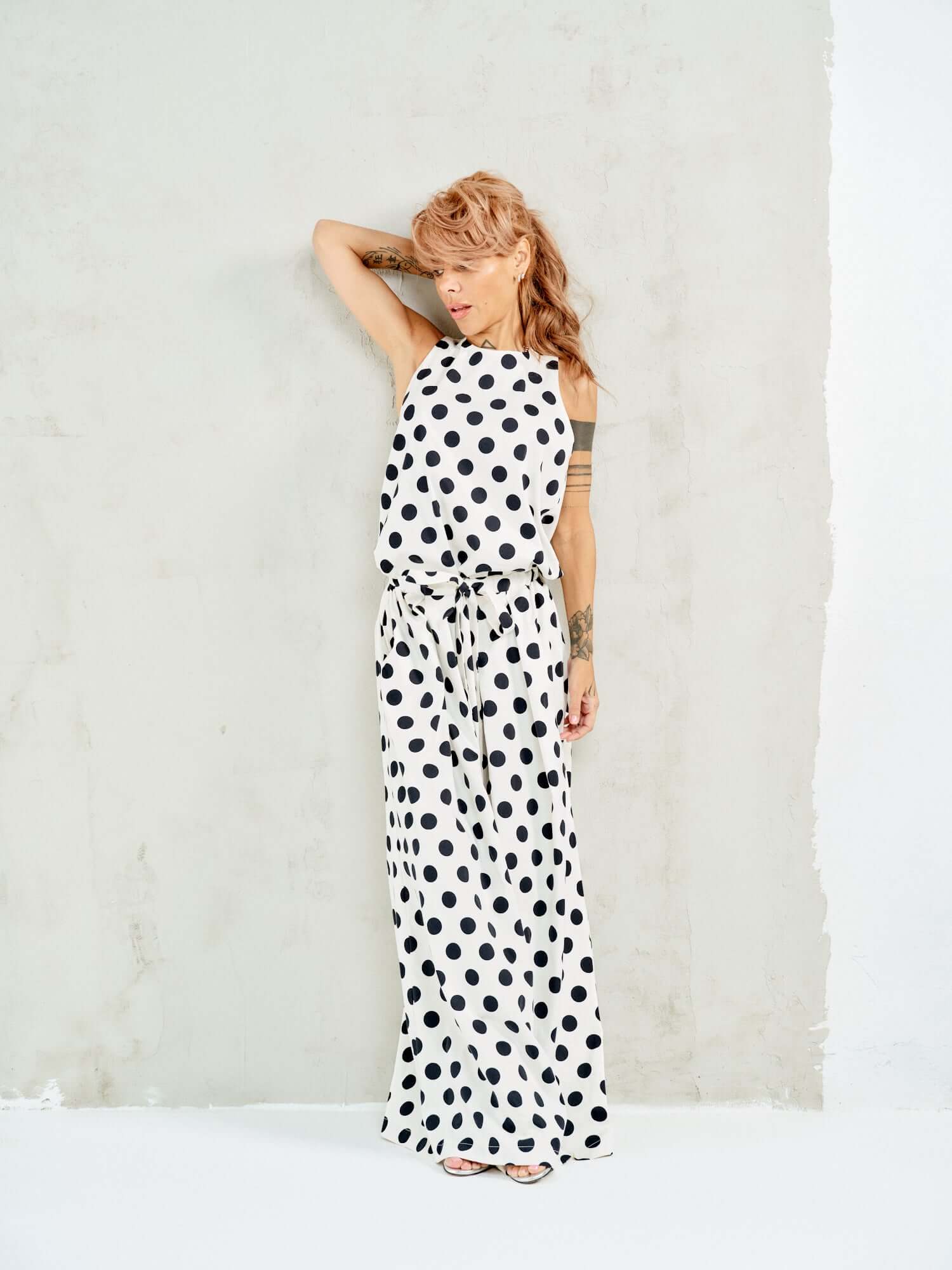 Open-Back Polka Dot Maxi Dress in White