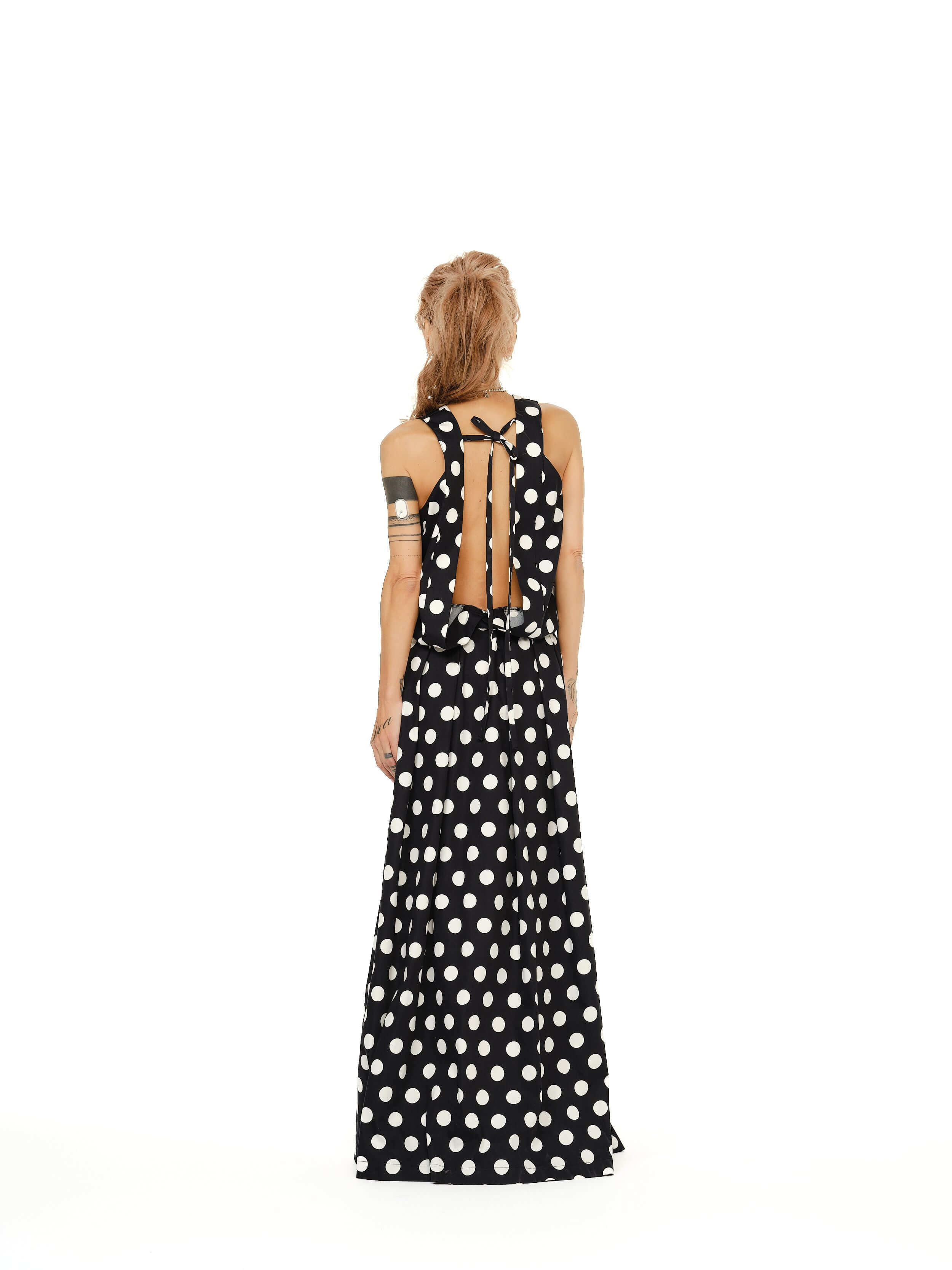Open-Back Polka Dot Maxi Dress in Black