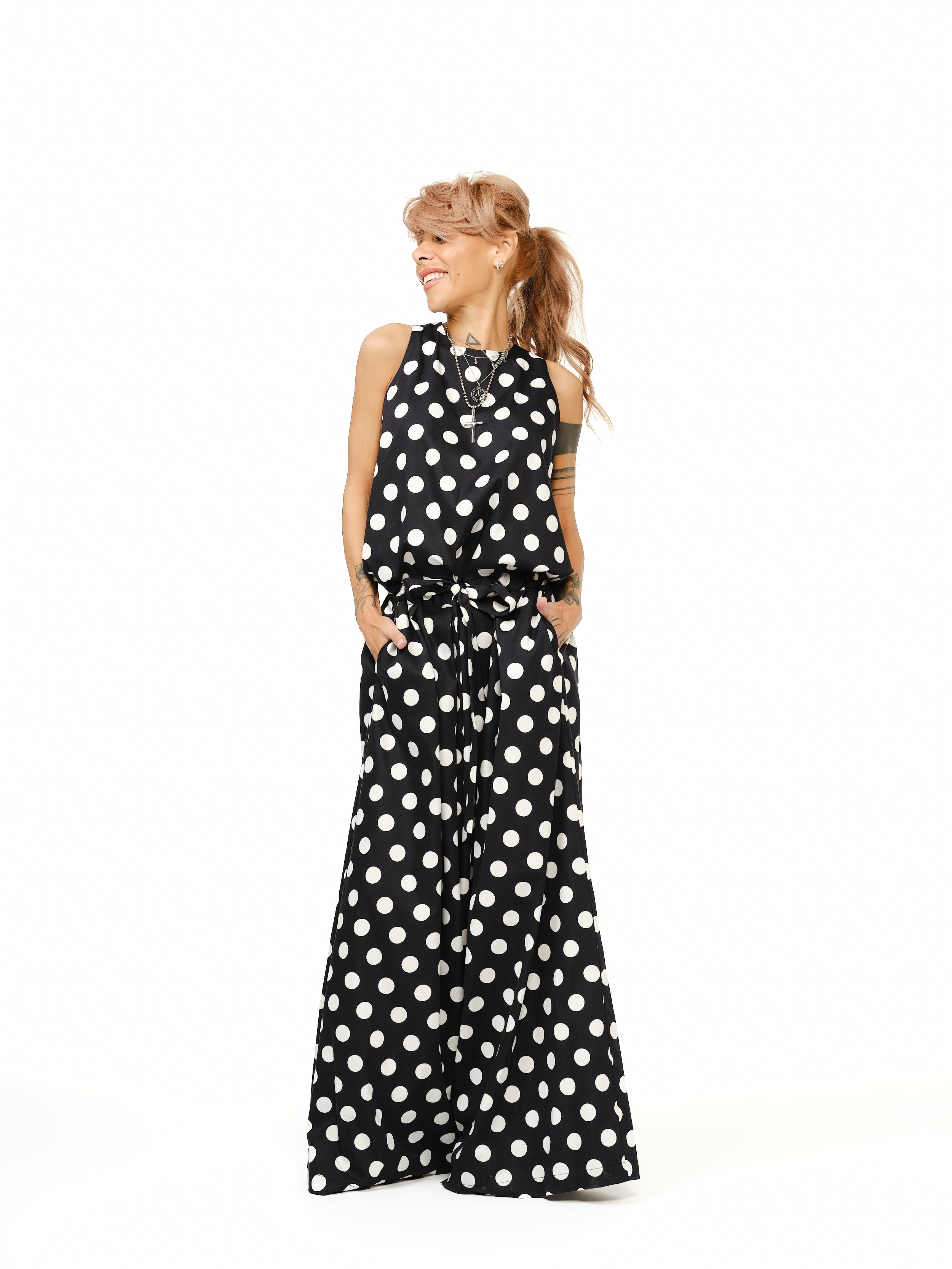 Open-Back Polka Dot Maxi Dress in Black