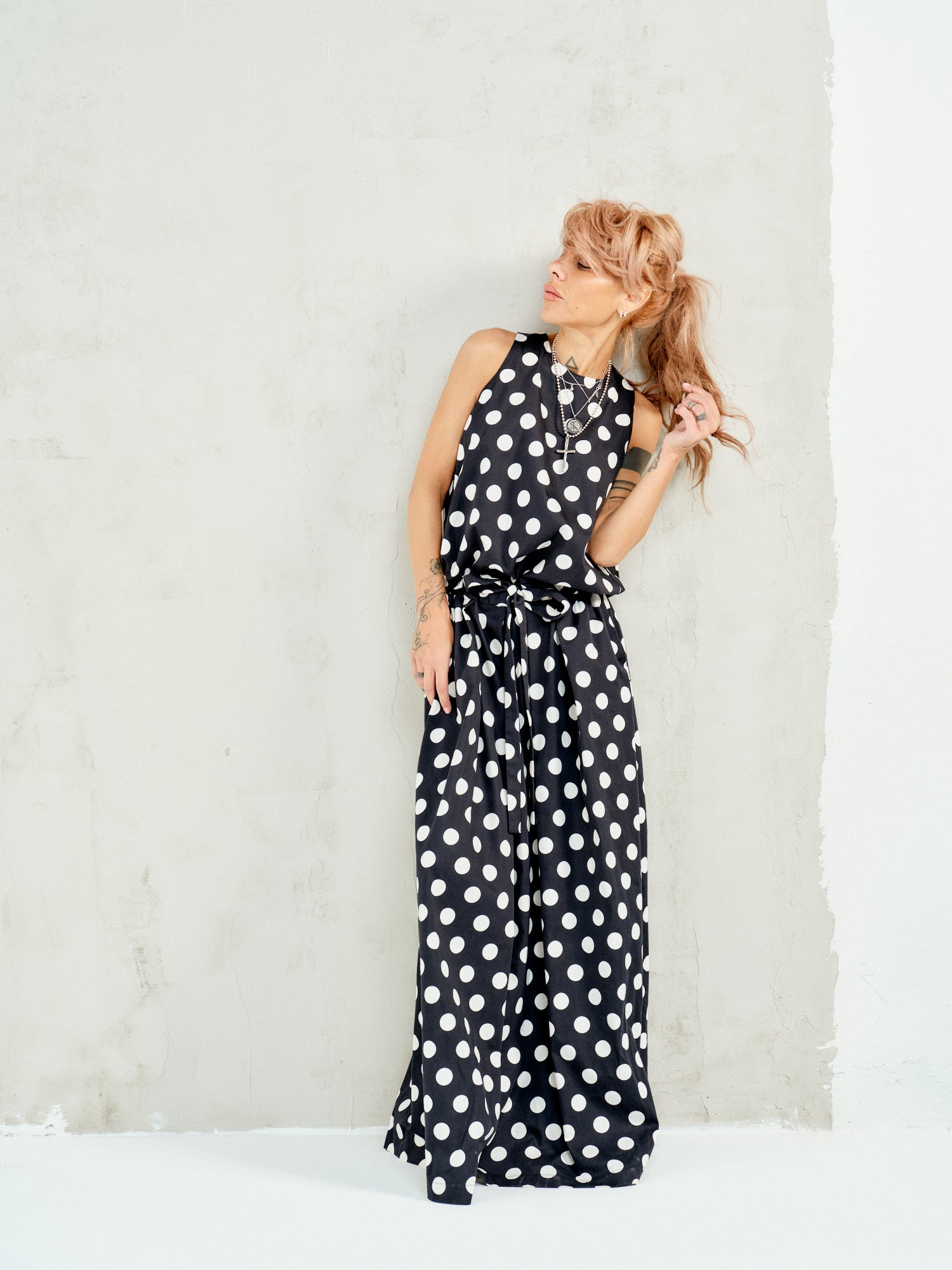Open-Back Polka Dot Maxi Dress in Black