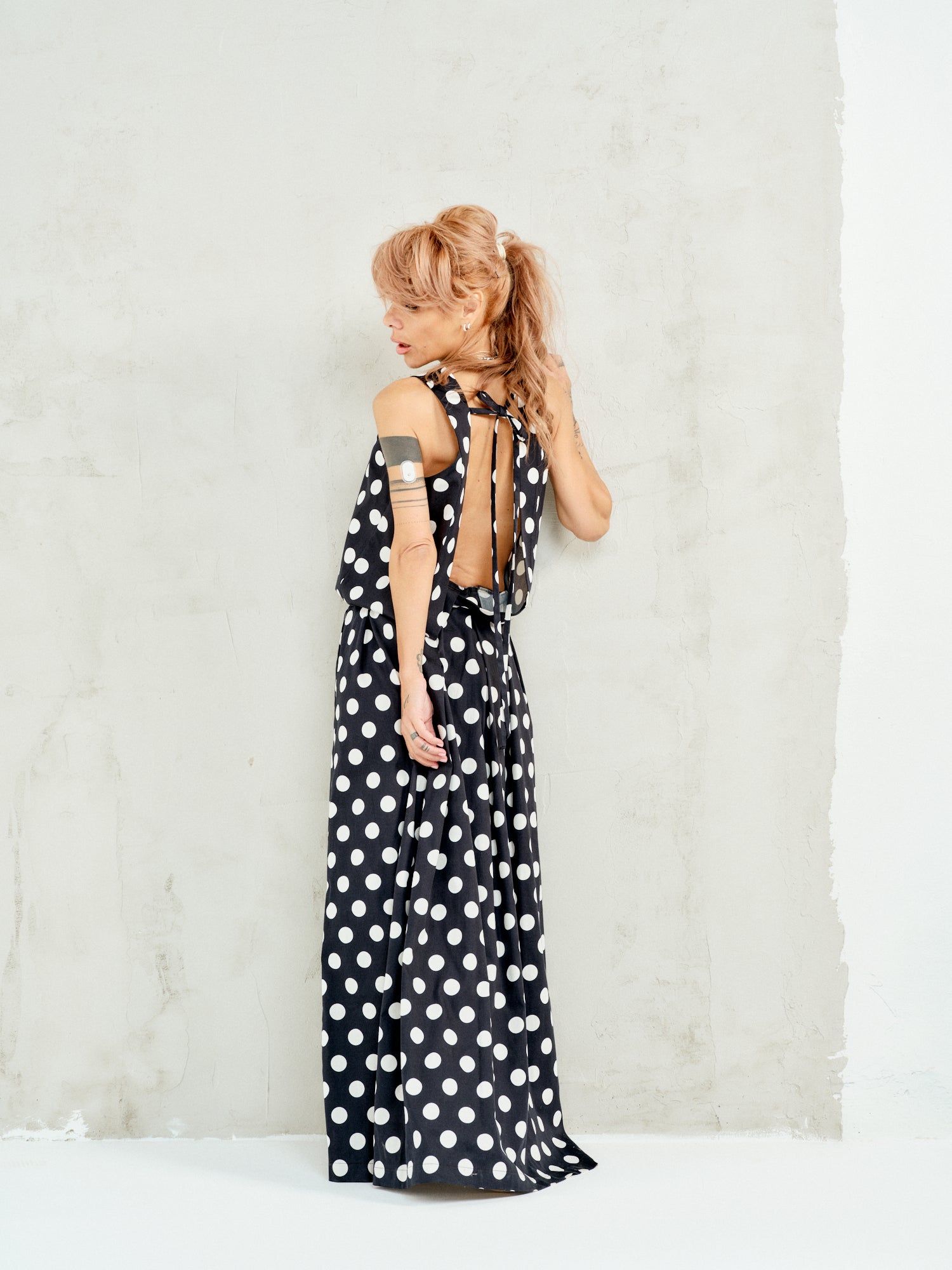 Open-Back Polka Dot Maxi Dress in Black