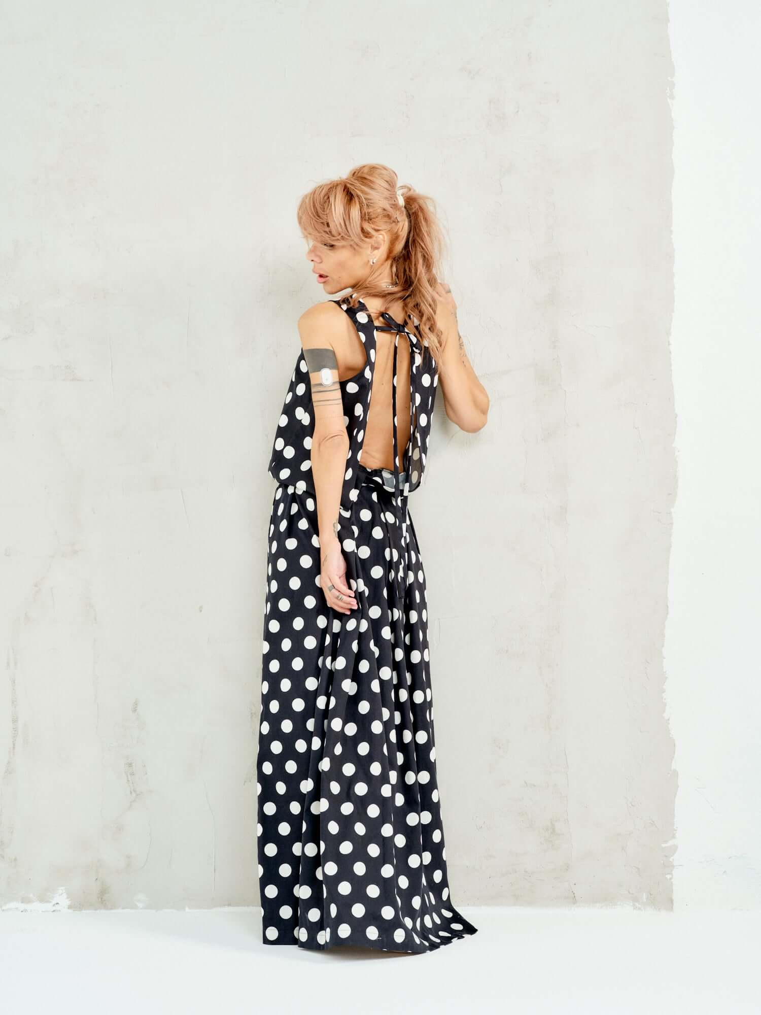 Open-Back Polka Dot Maxi Dress in Black