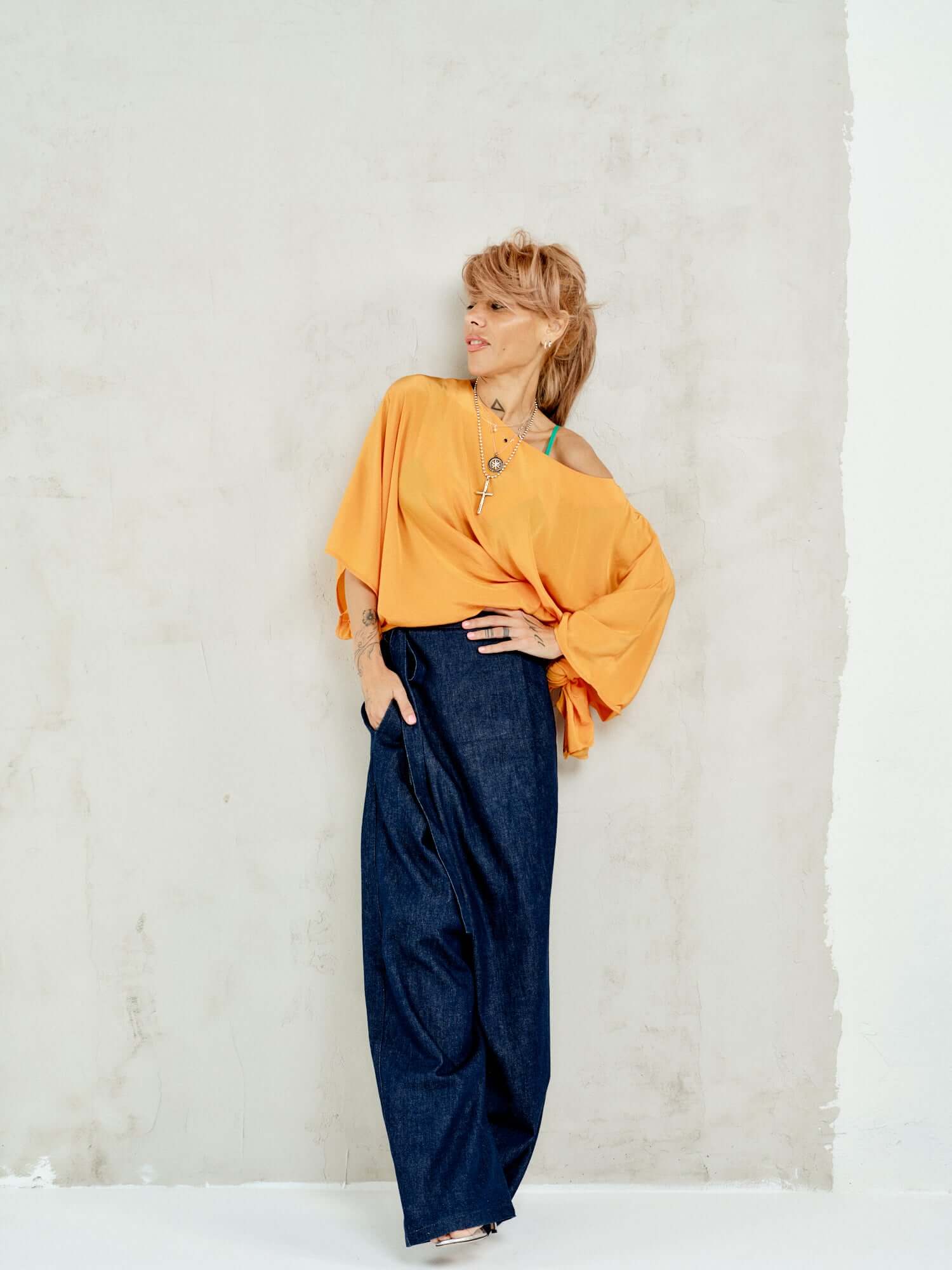 Wrap-Front Wide-Leg Jeans