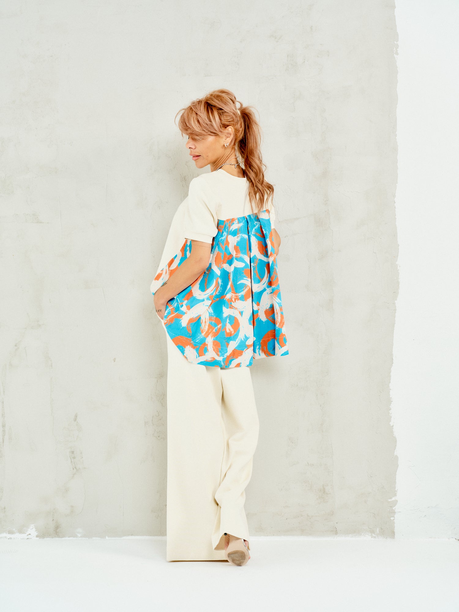 Patterned-Back Puff-Sleeve Co-Ord Set