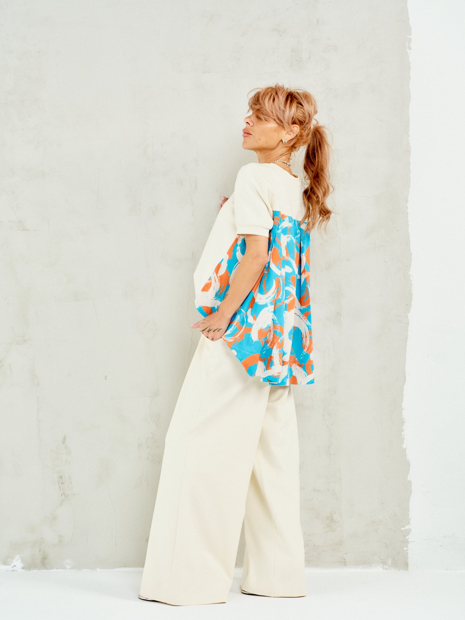 Patterned-Back Puff-Sleeve Co-Ord Set