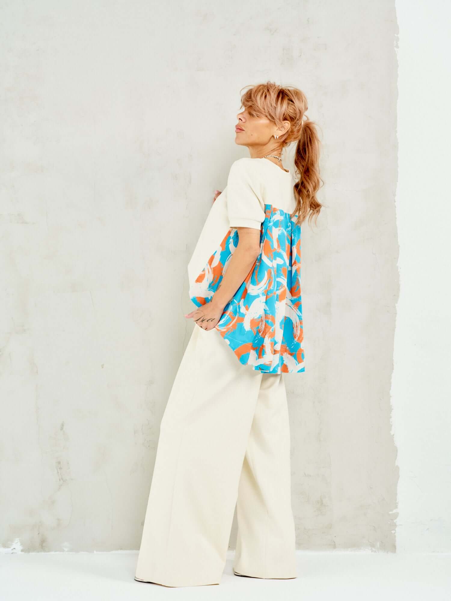 Patterned-Back Puff-Sleeve Co-Ord Set