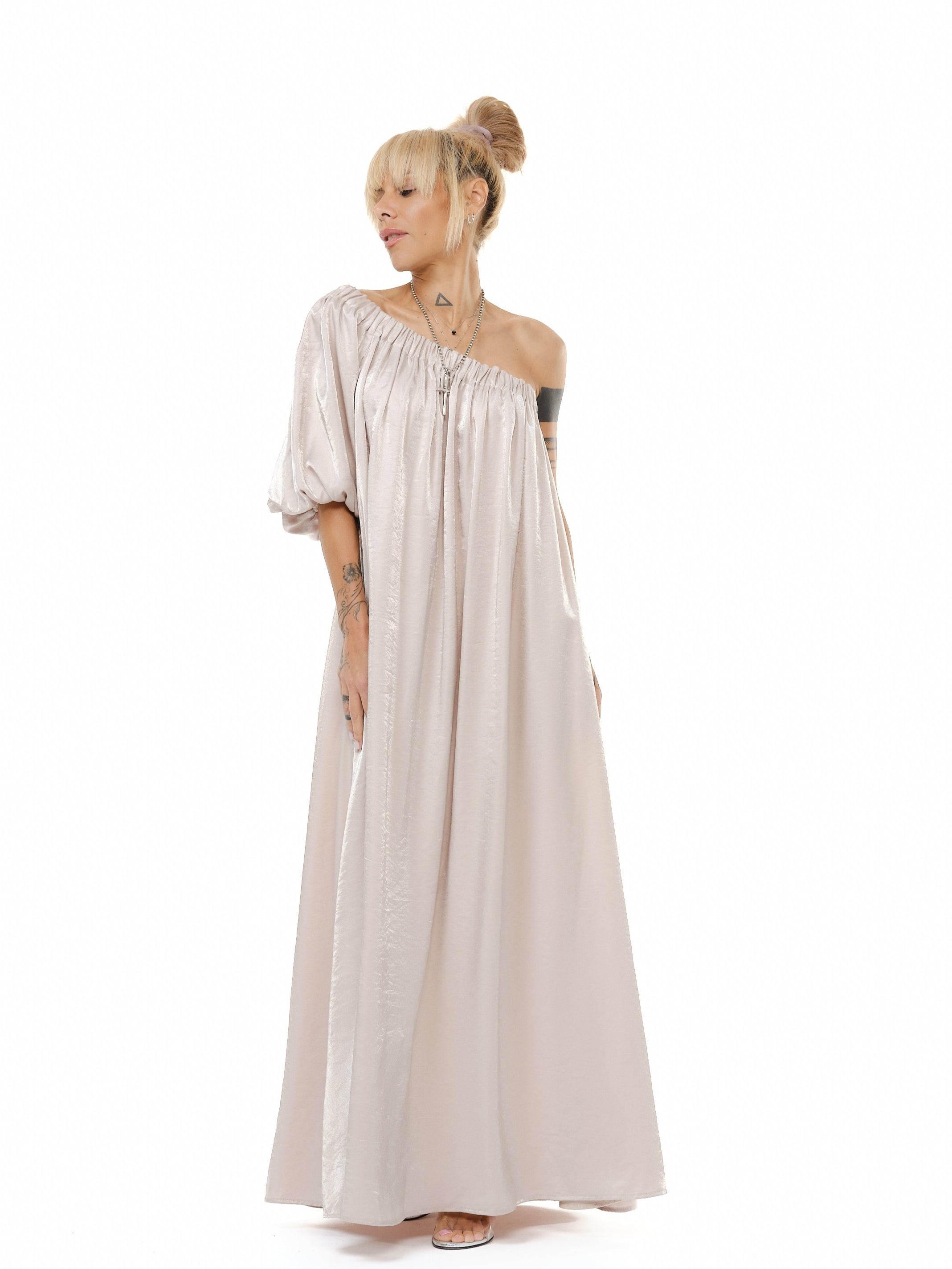 Beige One-Shoulder Asymmetric Maxi Dress