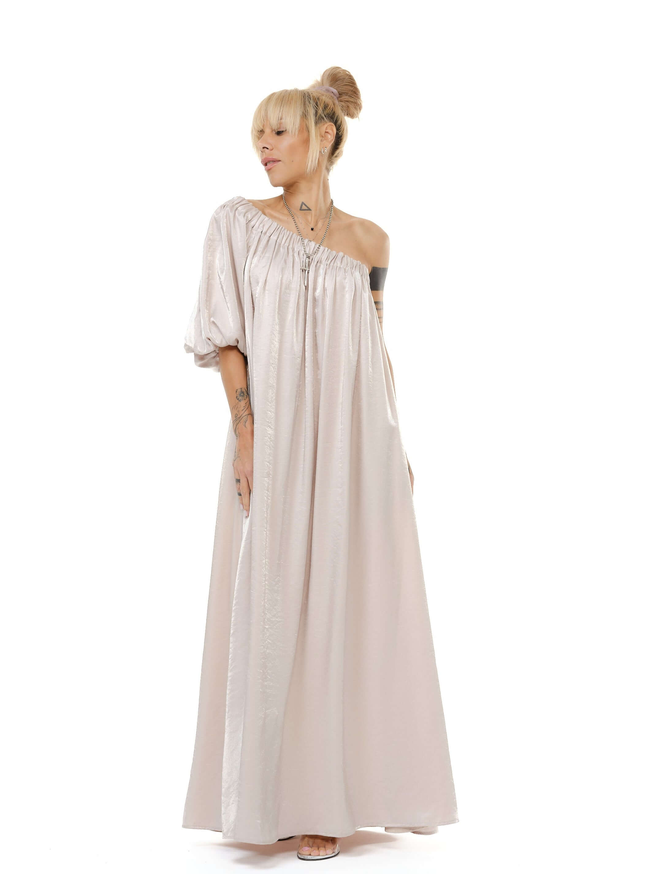 Beige One-Shoulder Asymmetric Maxi Dress