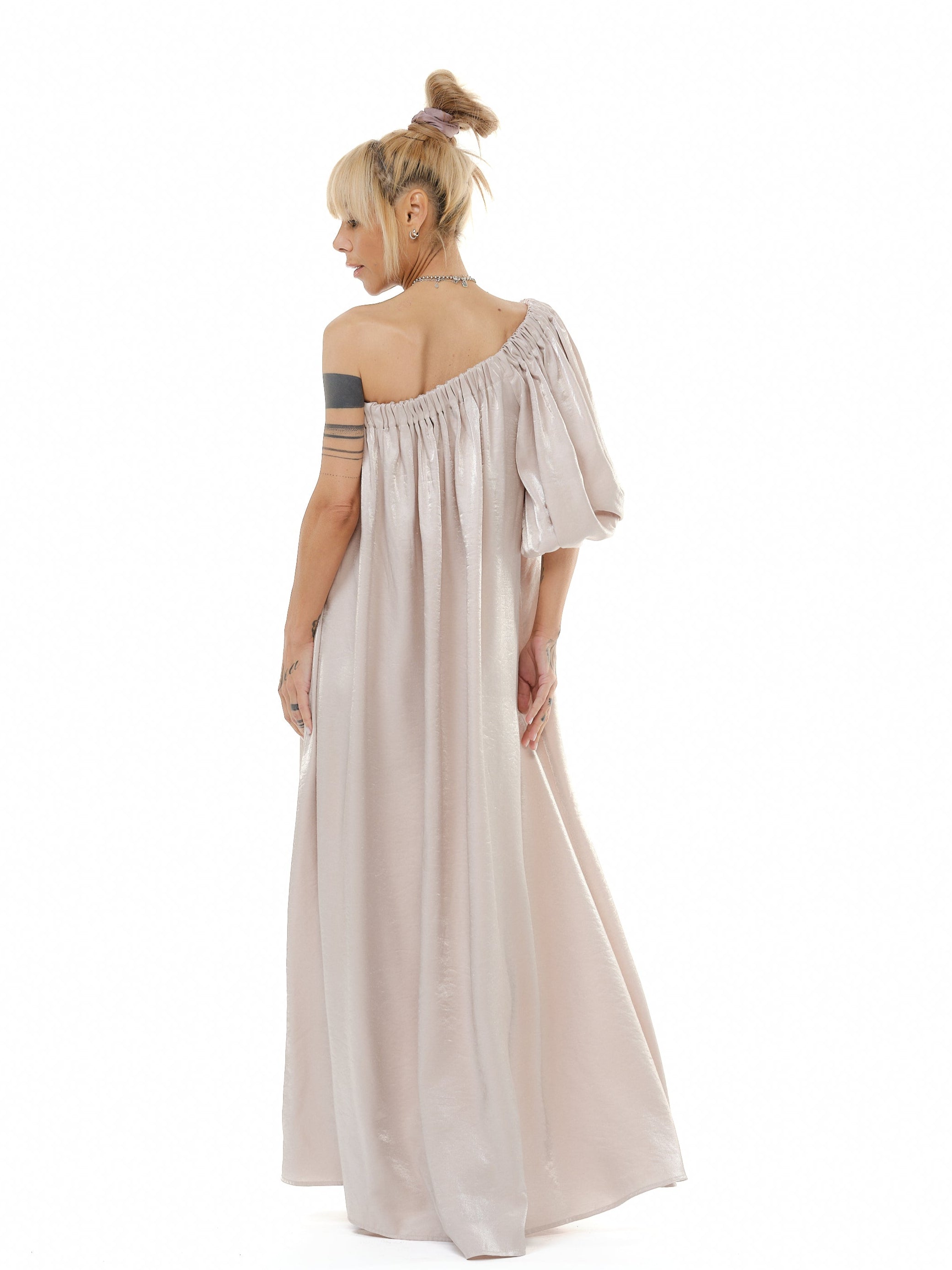 Beige One-Shoulder Asymmetric Maxi Dress