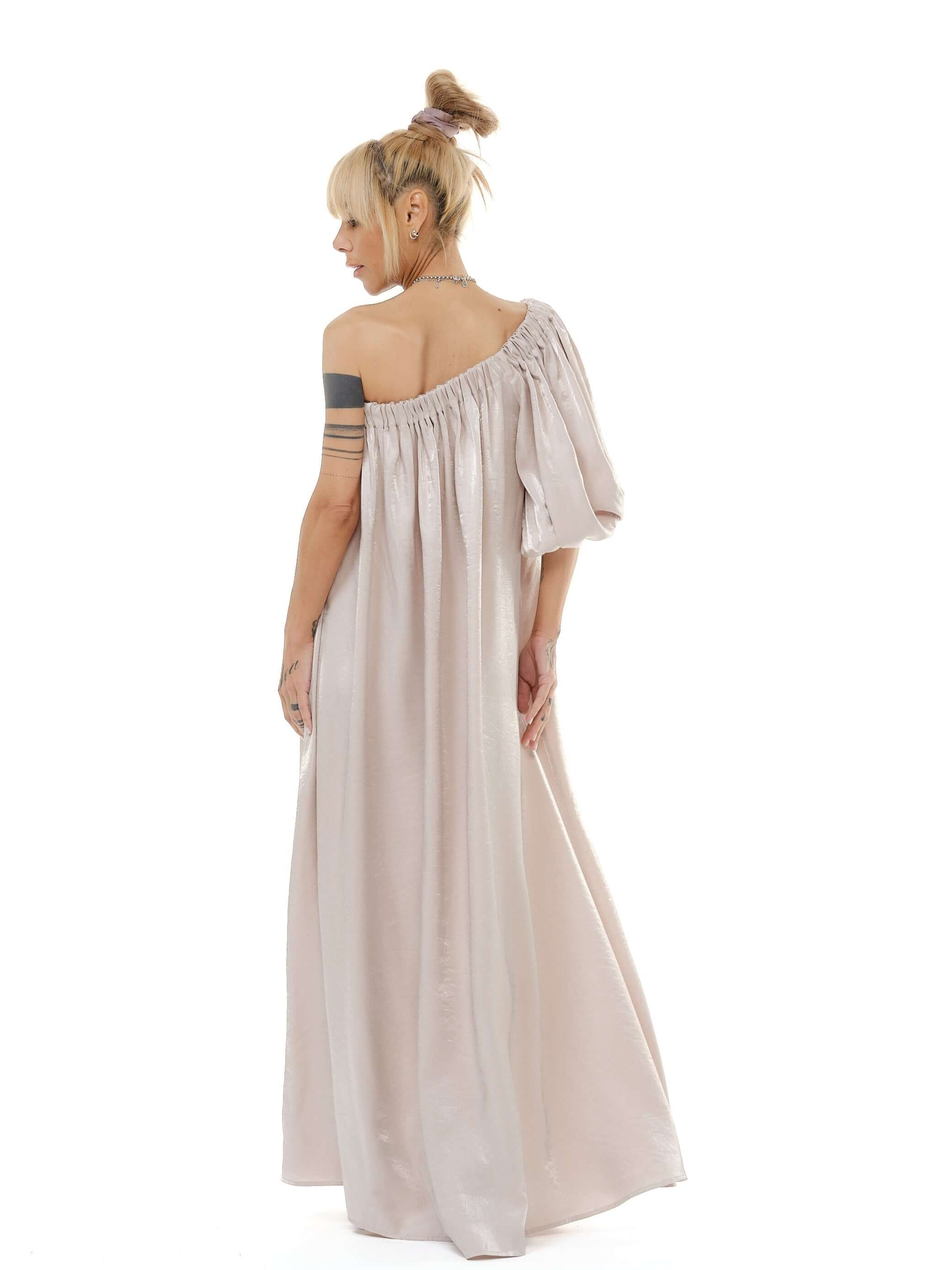 Beige One-Shoulder Asymmetric Maxi Dress