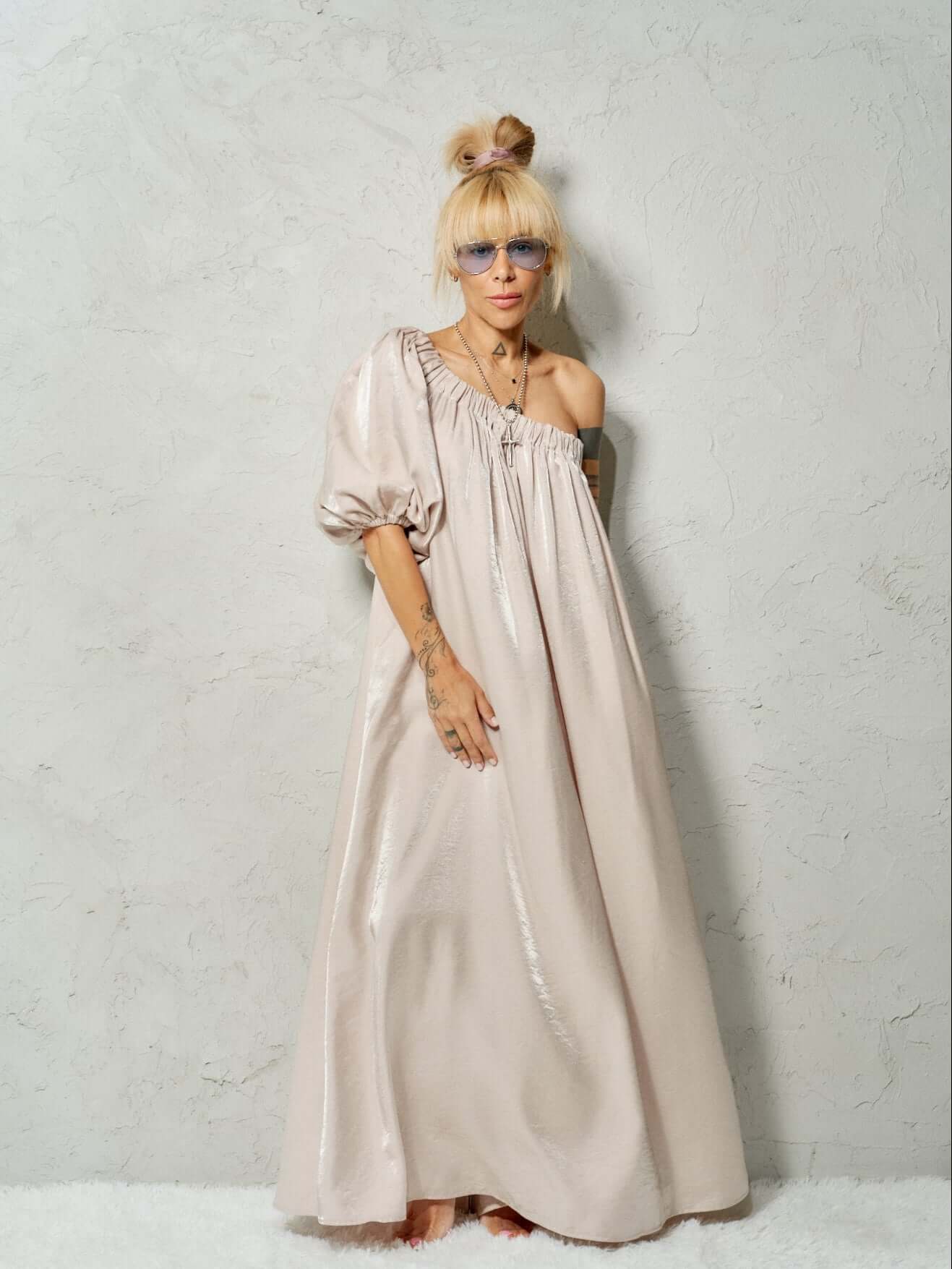 Beige One-Shoulder Asymmetric Maxi Dress