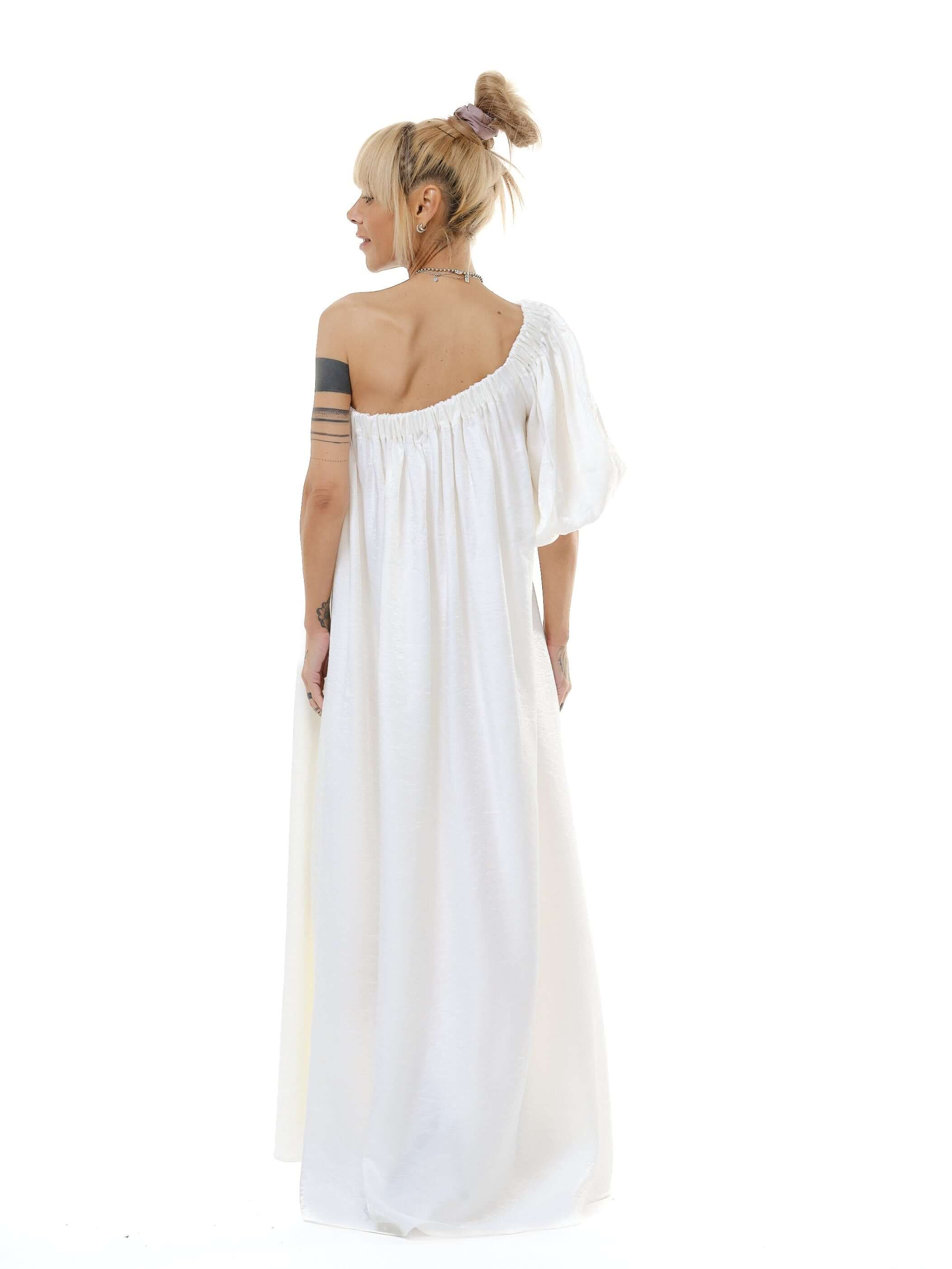White One-Shoulder Asymmetric  Maxi Dress