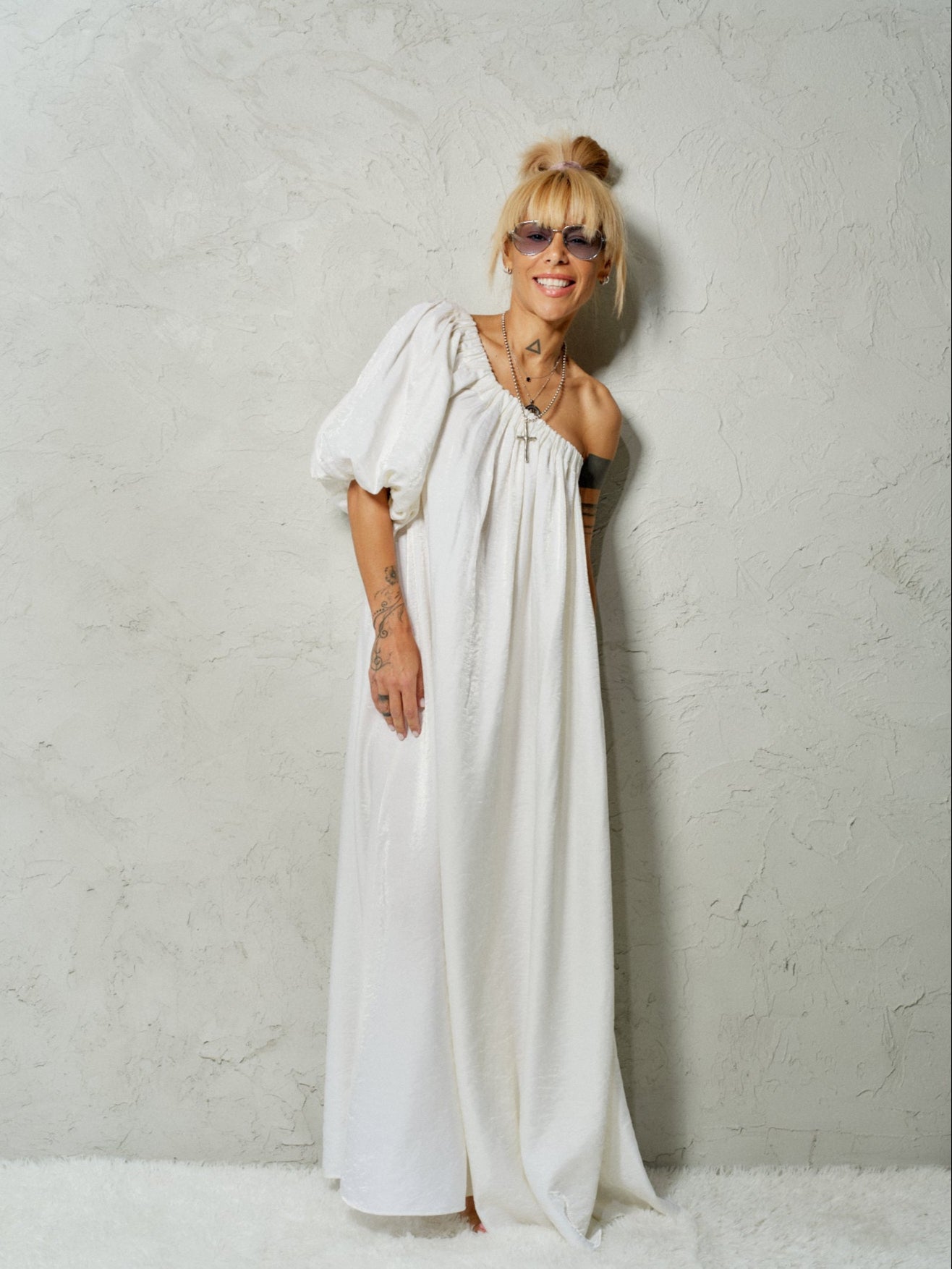 White One-Shoulder Asymmetric  Maxi Dress