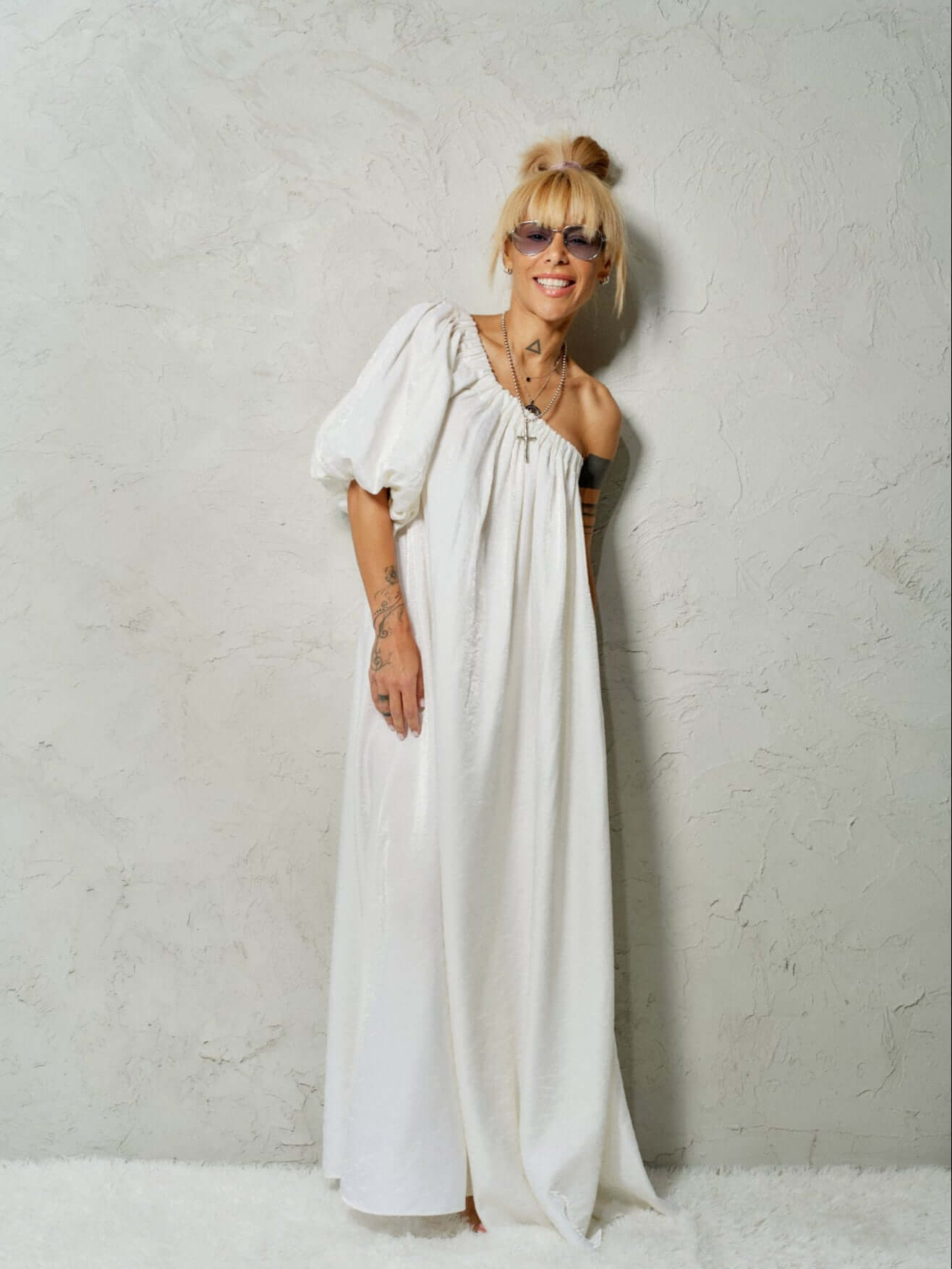 White One-Shoulder Asymmetric  Maxi Dress
