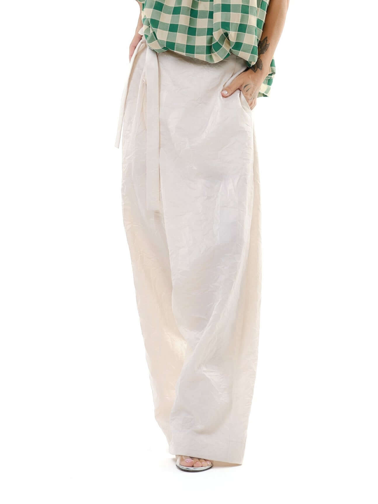 Beige Linen Tie-Waist Pants