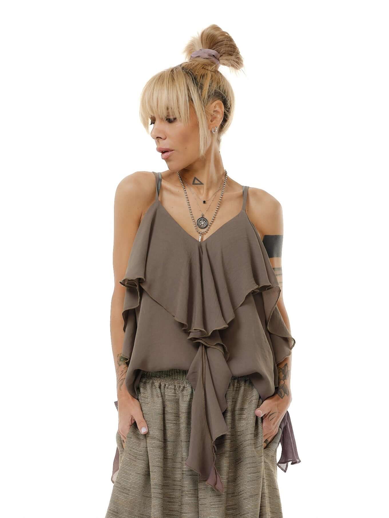 Brown Ruffle Cami Top