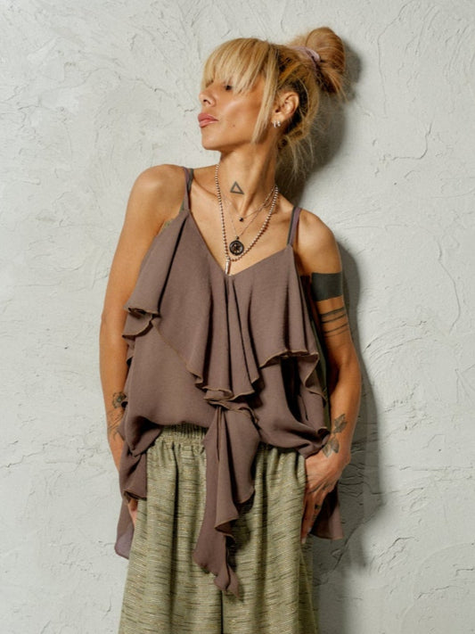Brown Ruffle Cami Top