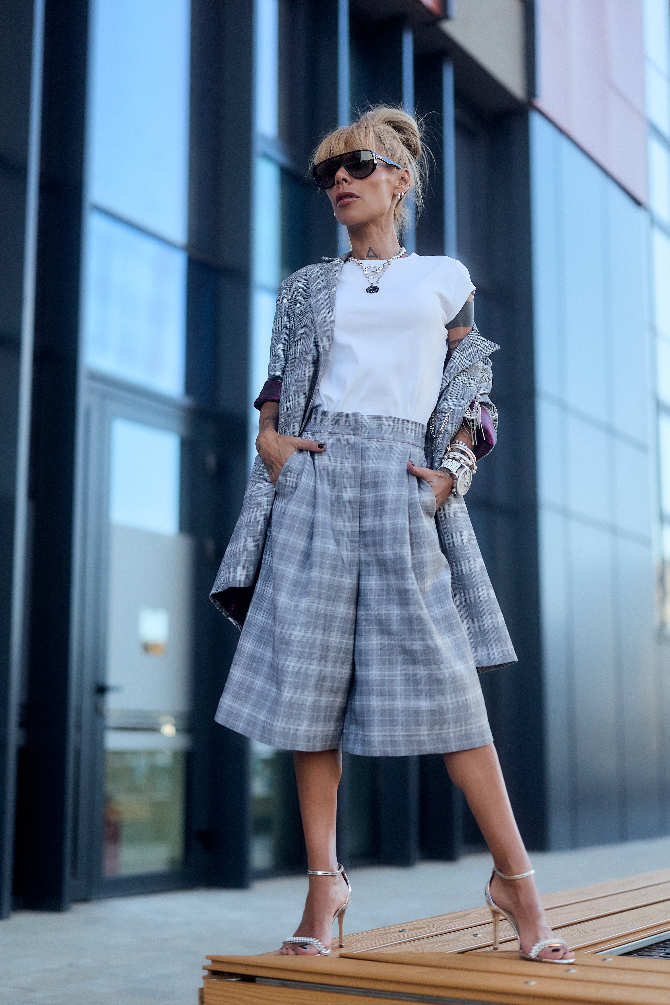 Checked Blazer And Culotte Co-Ord Set