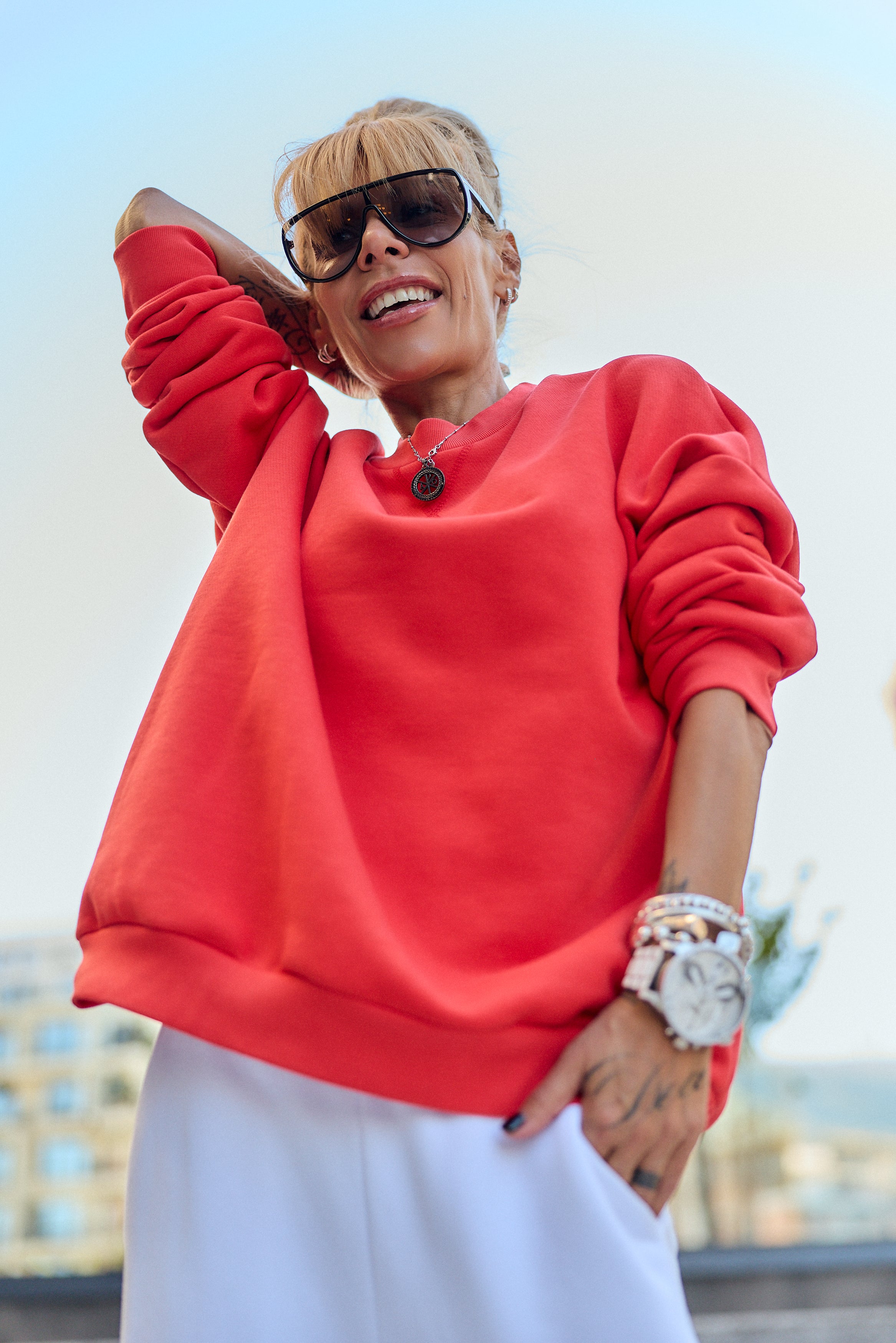 Red Oversized Sweatshirt & White Jogger Set