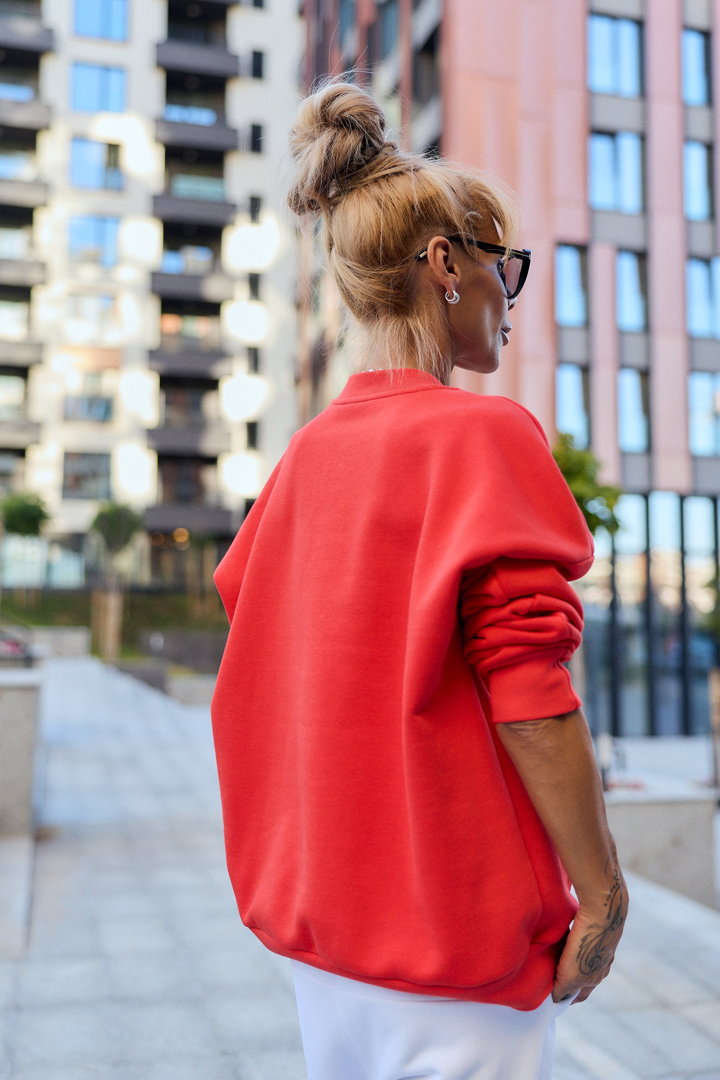 Red Oversized Sweatshirt & White Jogger Set