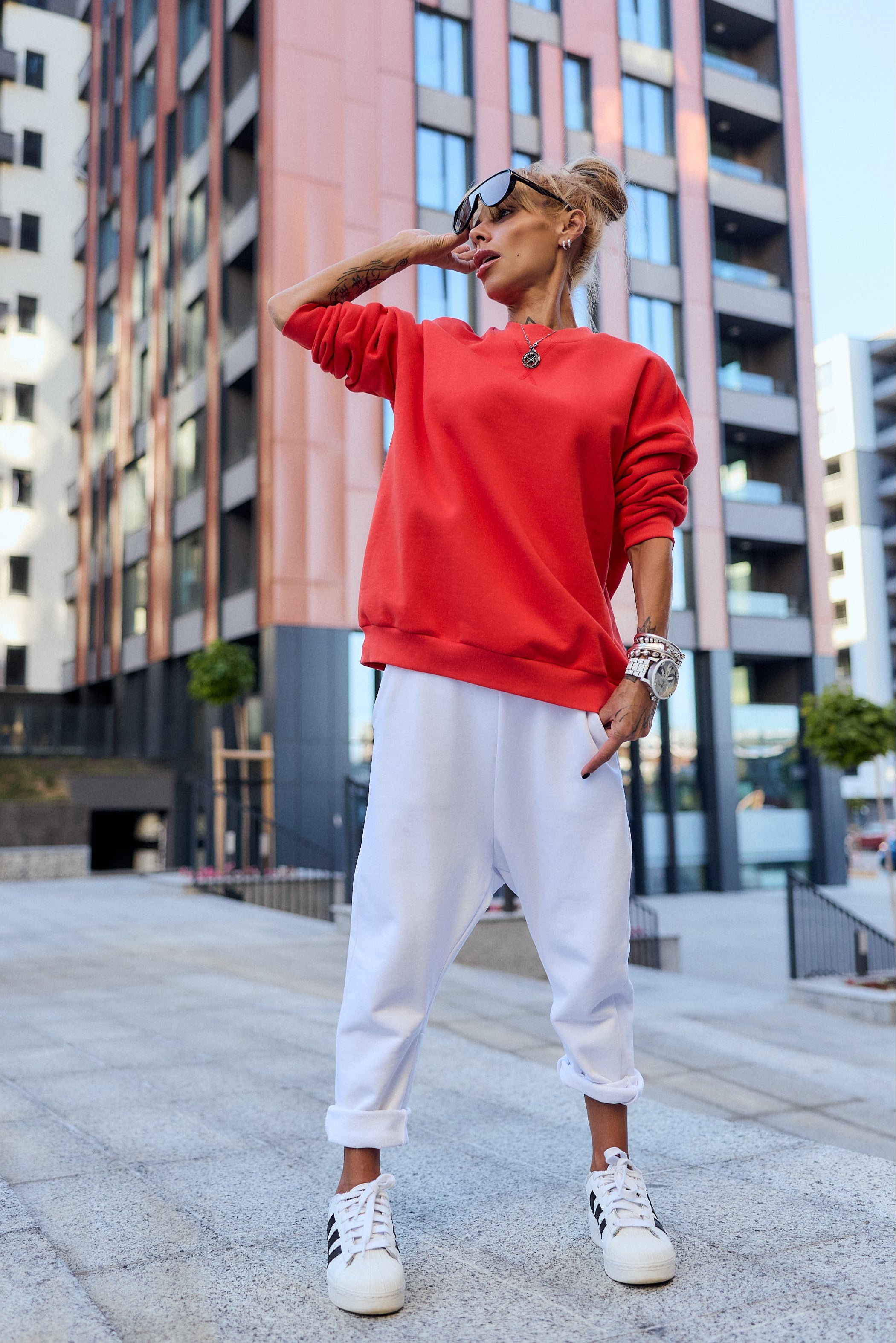 Red Oversized Sweatshirt & White Jogger Set