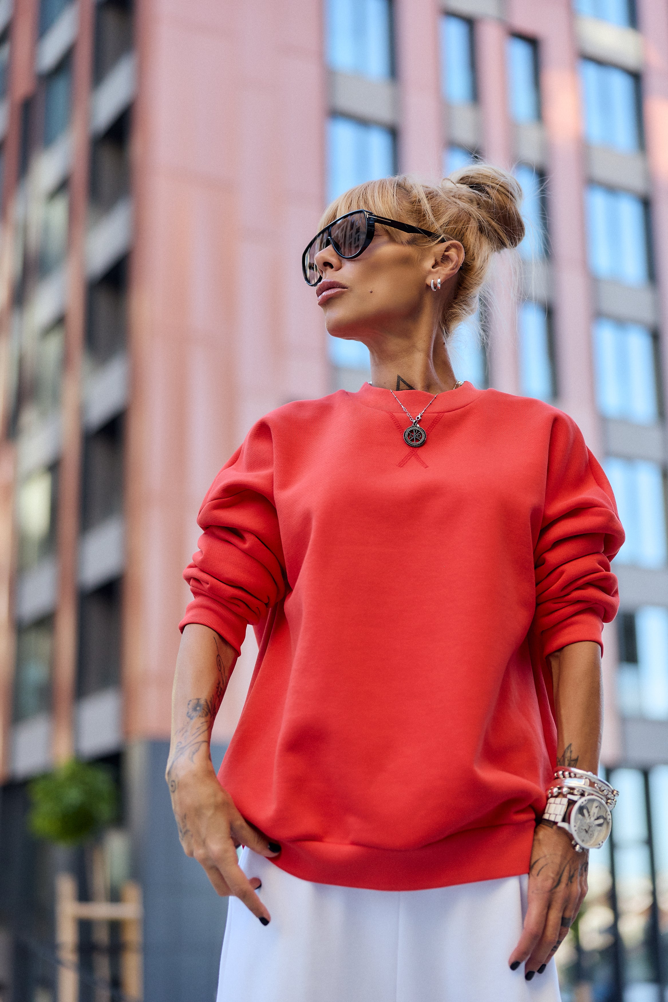 Red Oversized Sweatshirt & White Jogger Set
