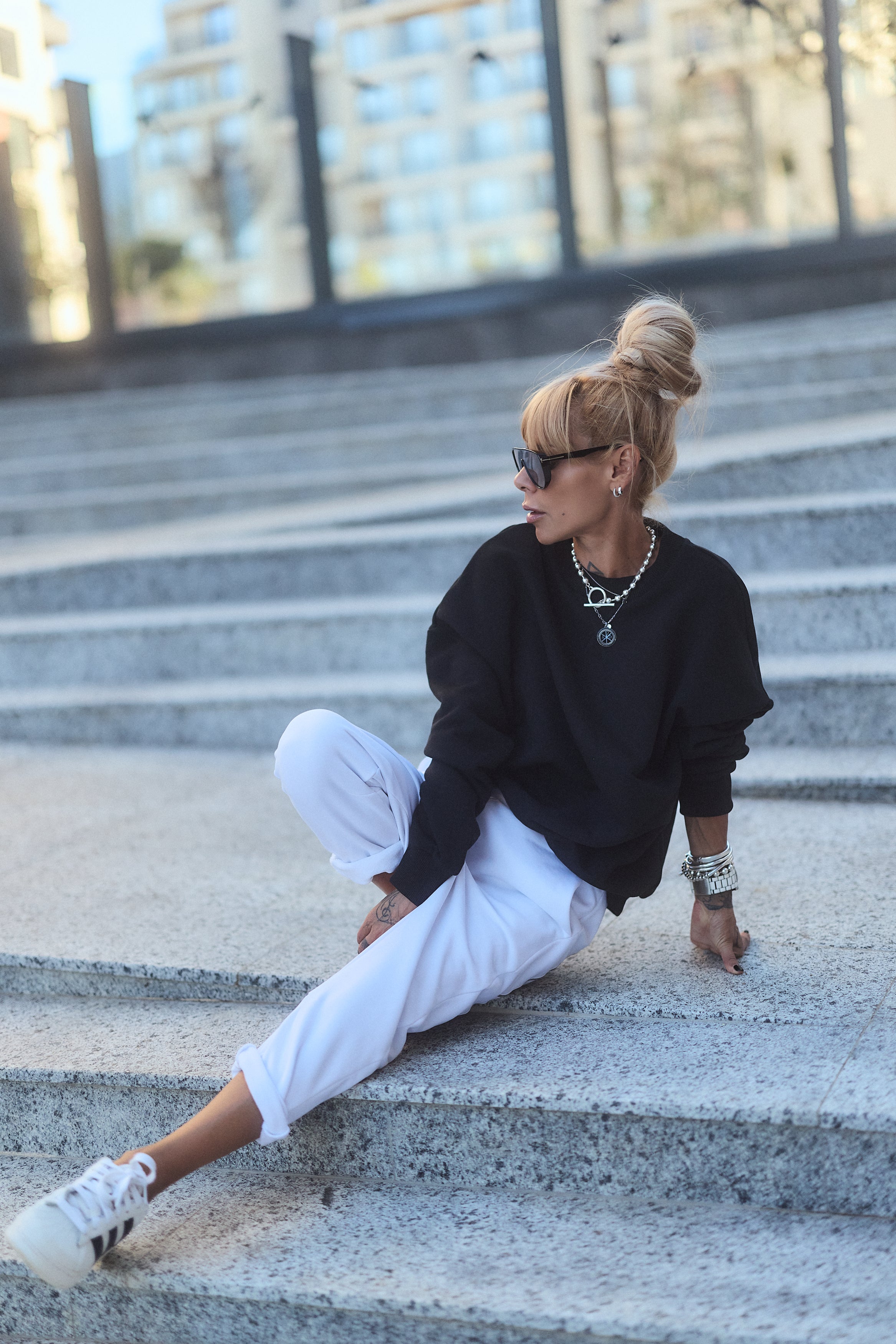 Black Oversized Sweatshirt & White Jogger Set