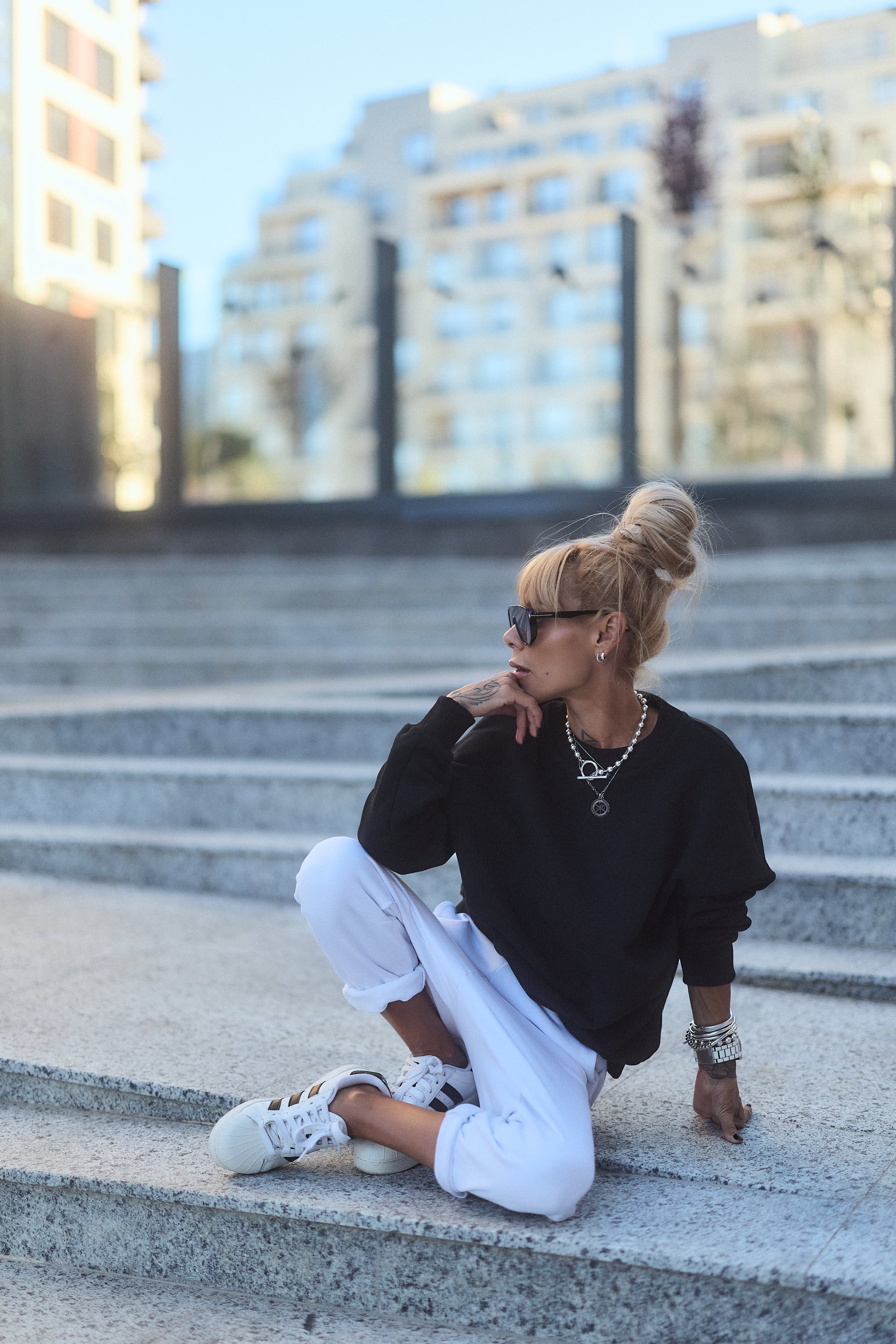 Black Oversized Sweatshirt & White Jogger Set