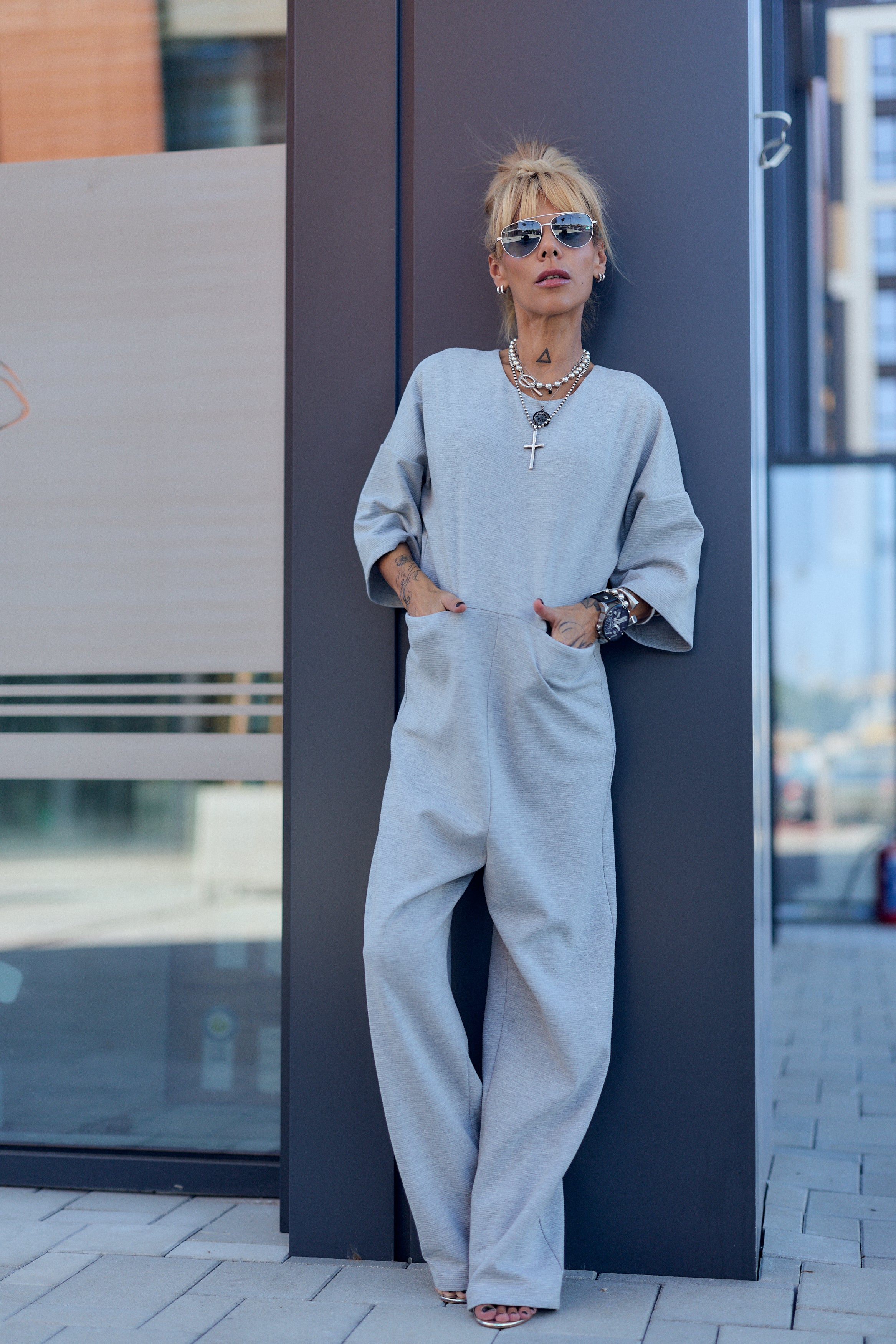 Grey Wide-Leg Jumpsuit with Open Back