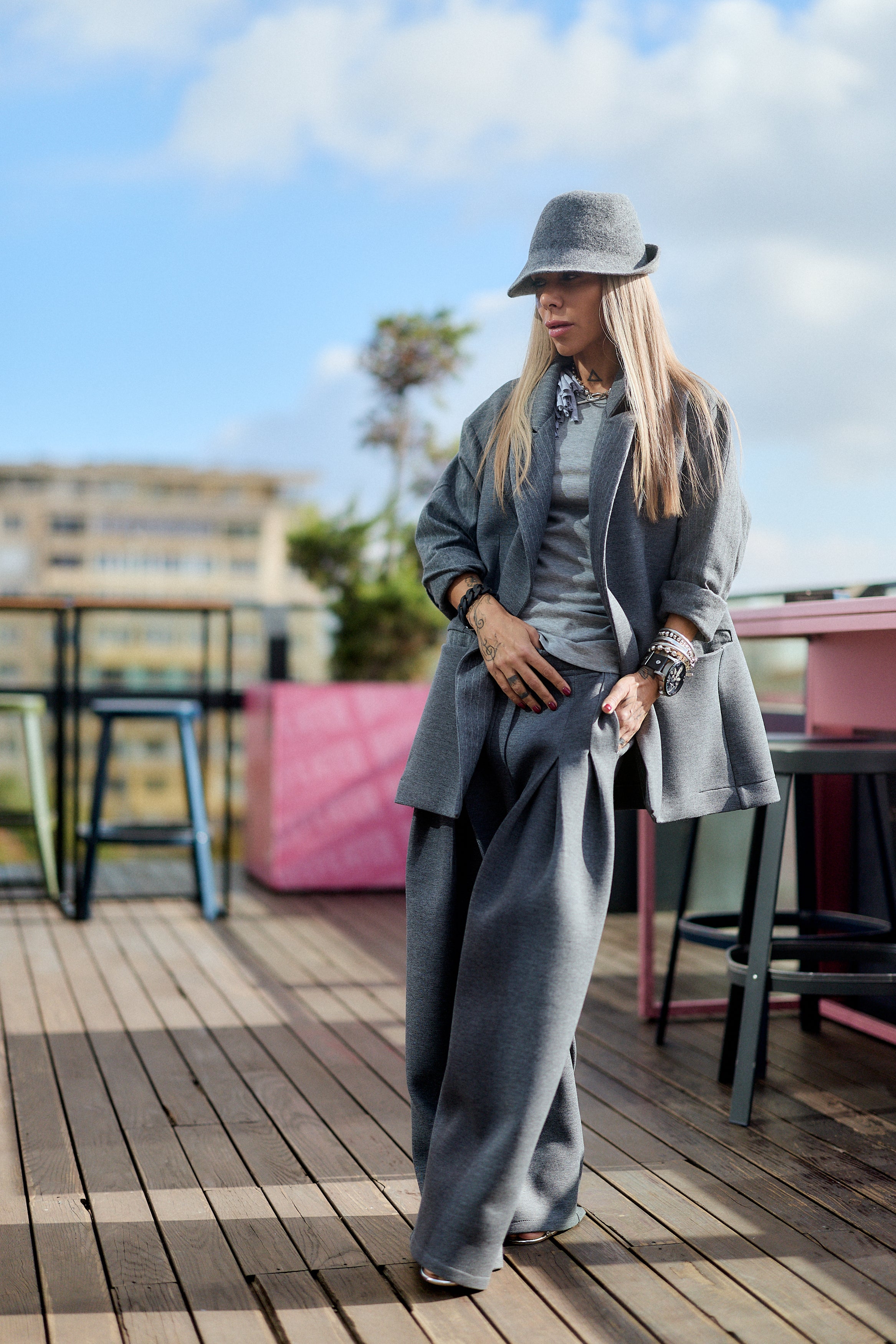 Gray Wide-Leg Structured Pants