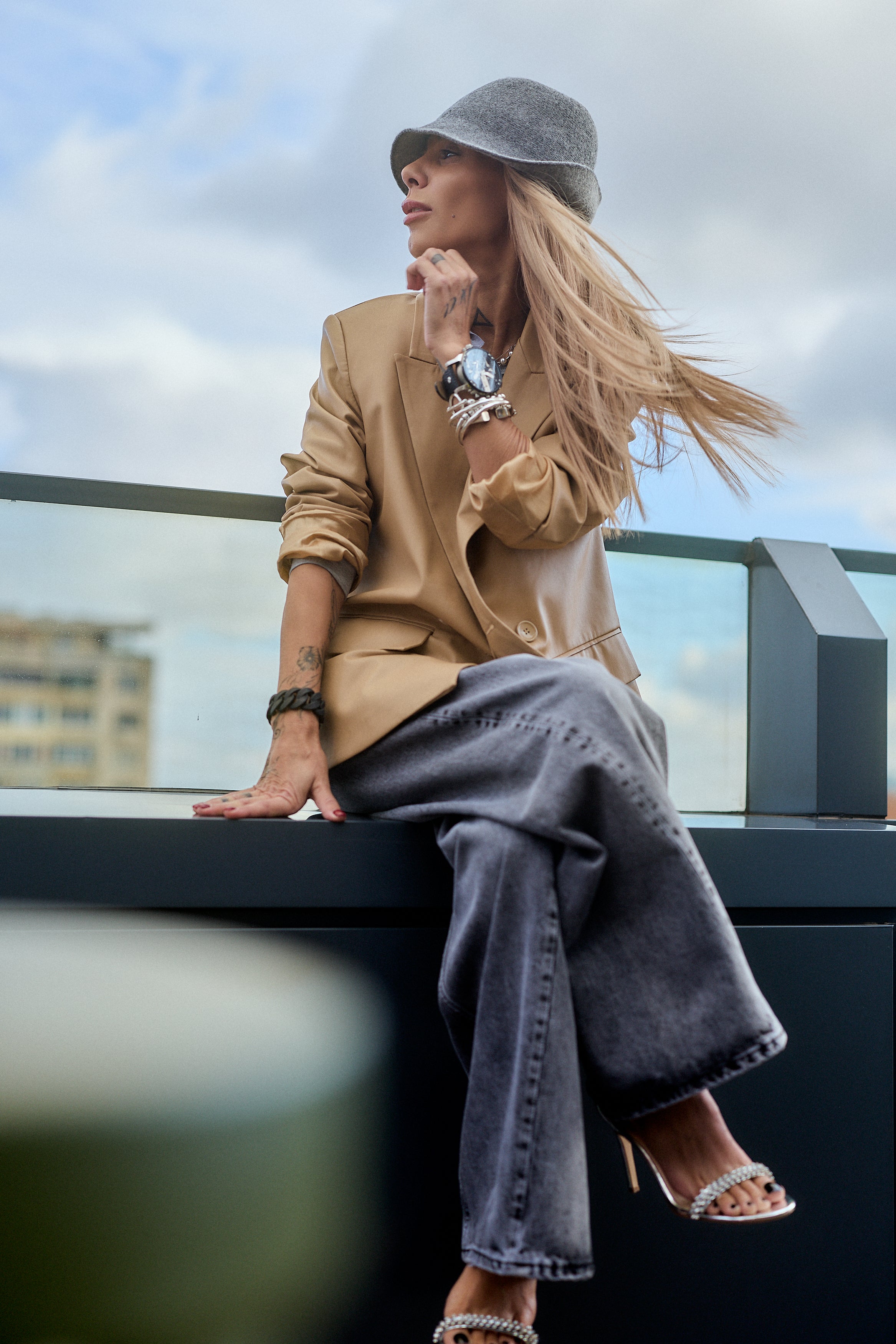 Beige Faux Leather Blazer