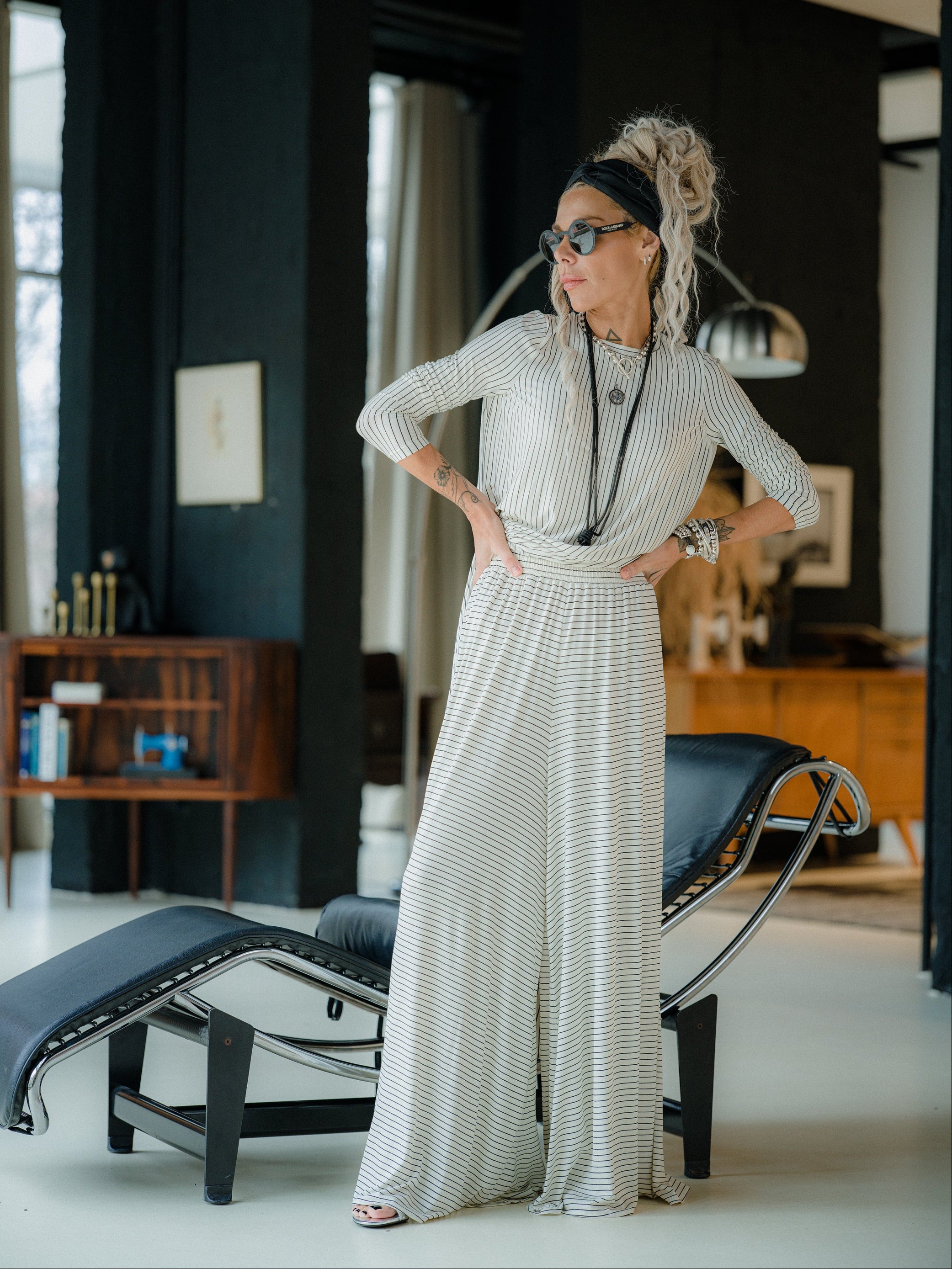 Striped Longline Top and Wide Leg Pants Set