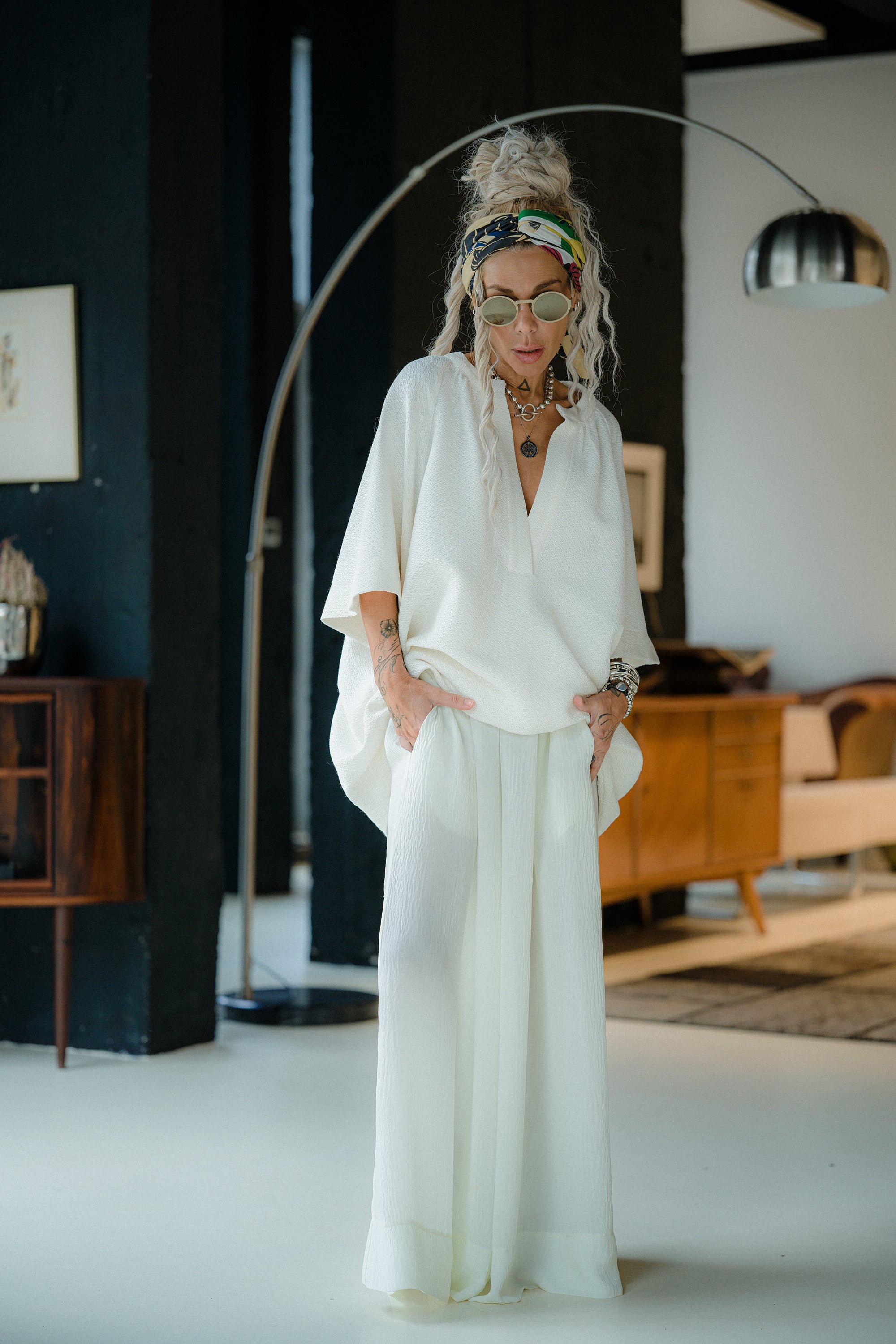 Ivory Textured Wide Leg Pants