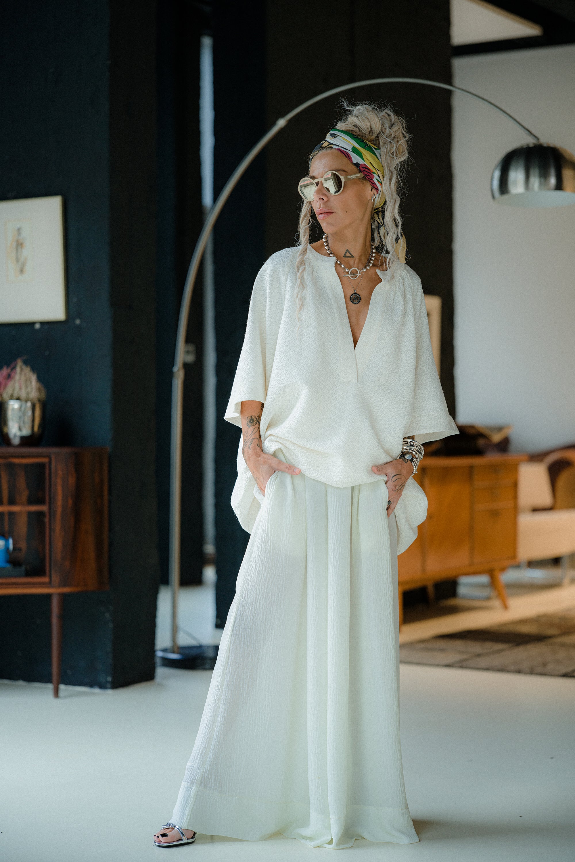 Ivory Textured Wide Leg Pants