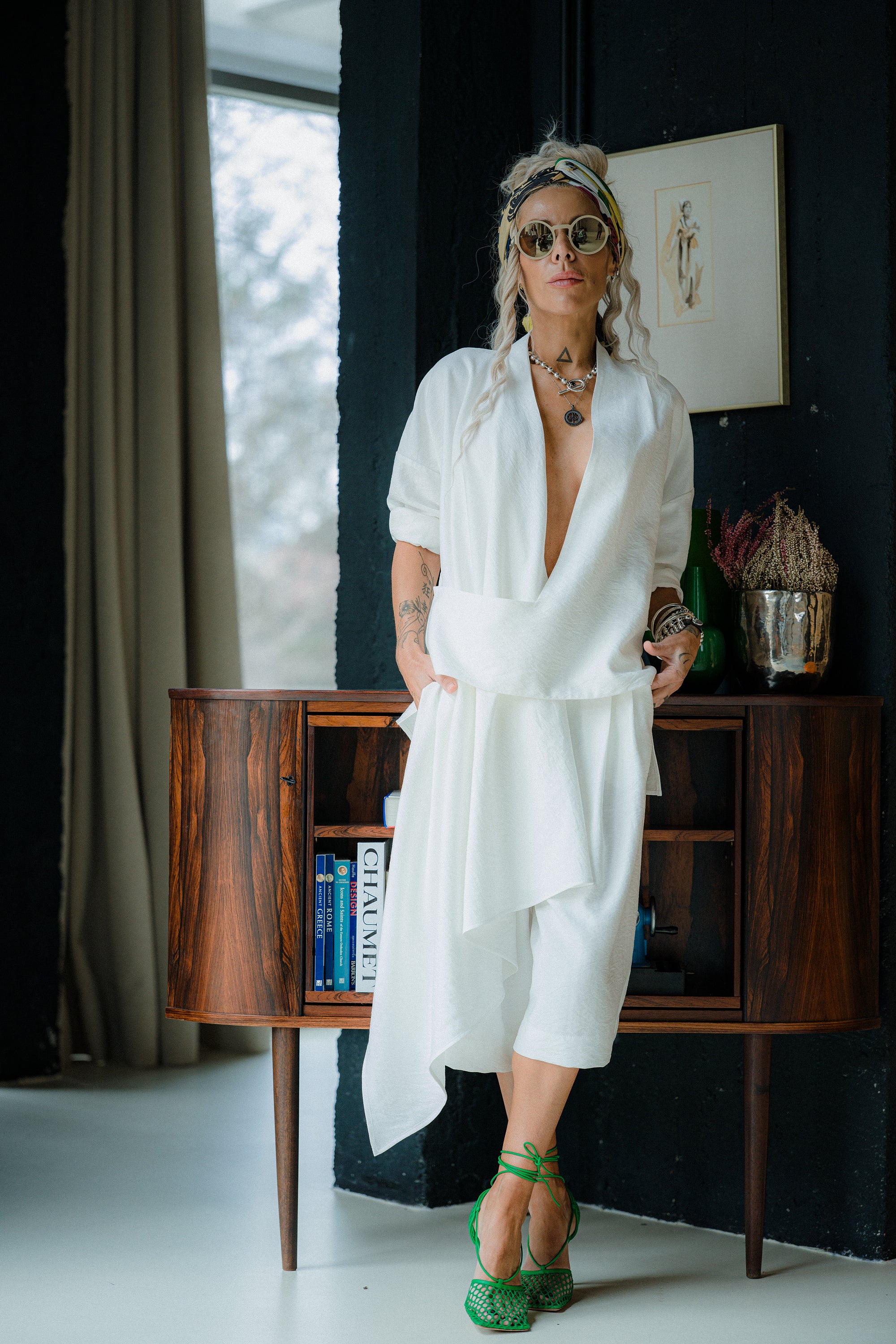 Ivory Draped Blouse and Bermuda Pants Co-Ord
