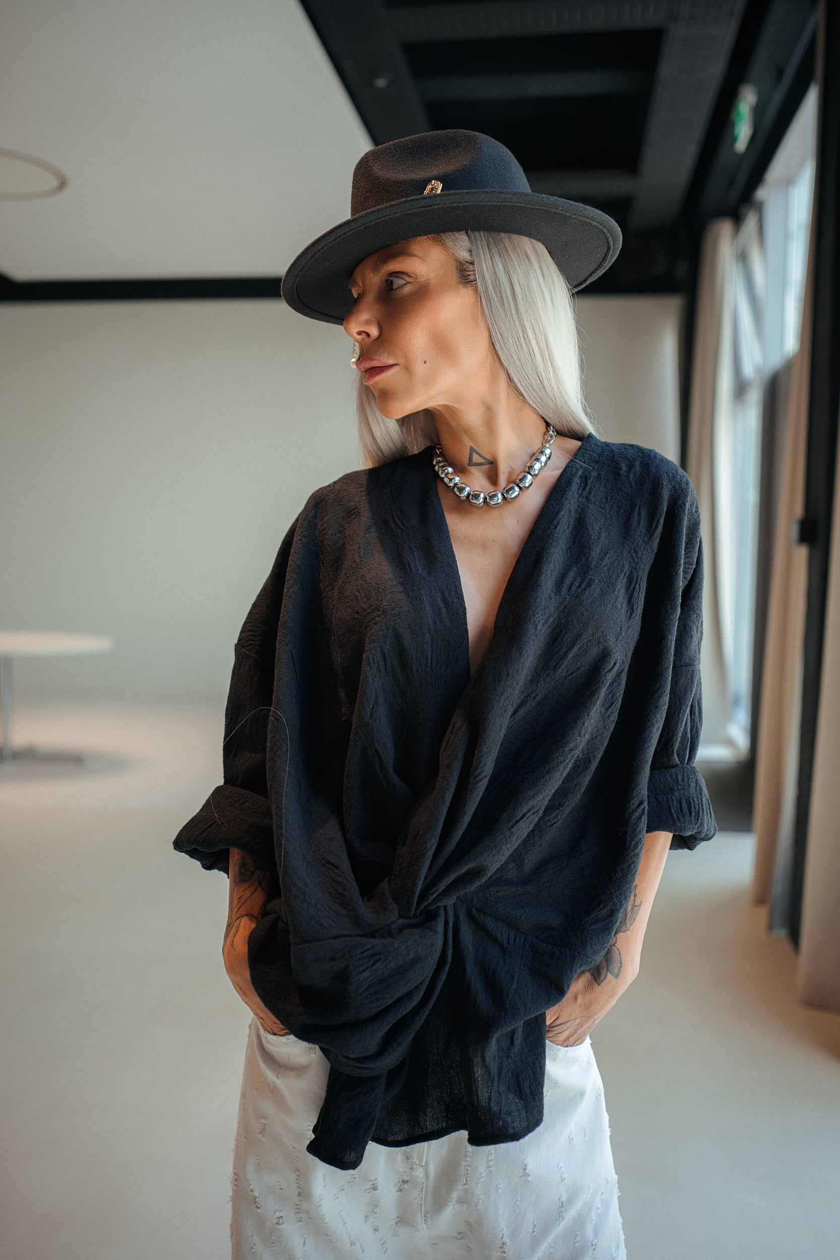 Black Draped Wool Oversized Shirt