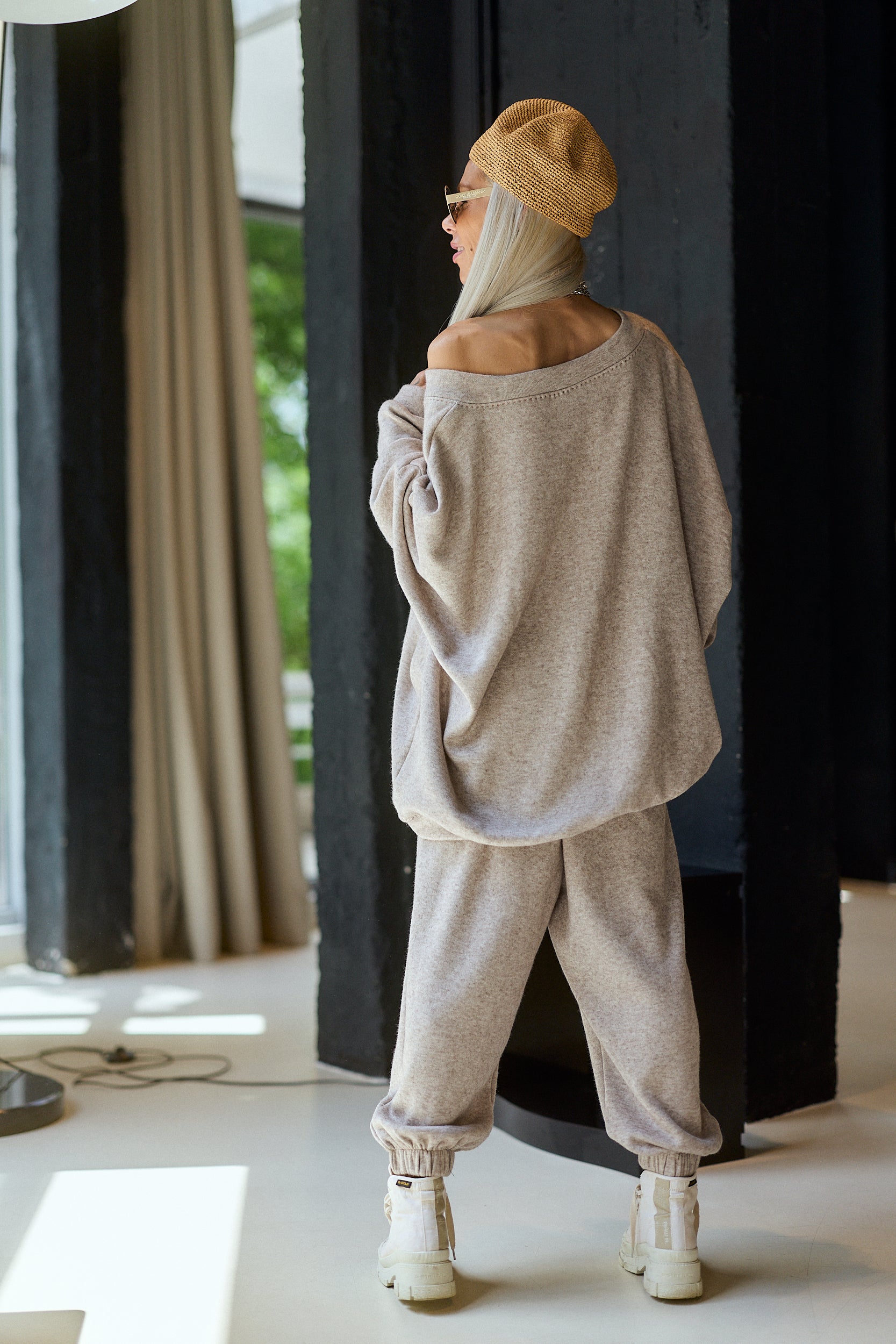 Beige Oversized V-Neck Matching Set