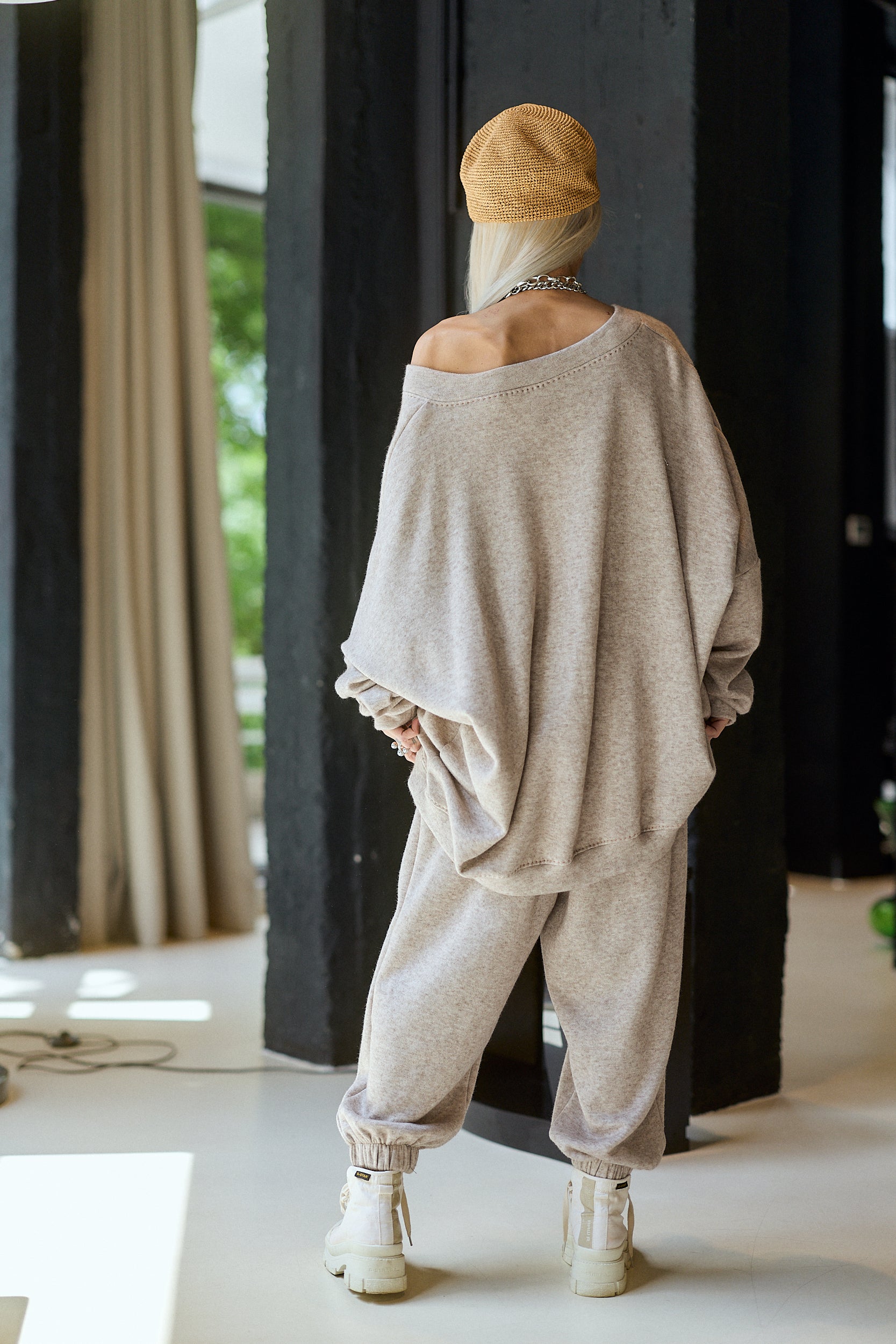 Beige Oversized V-Neck Matching Set