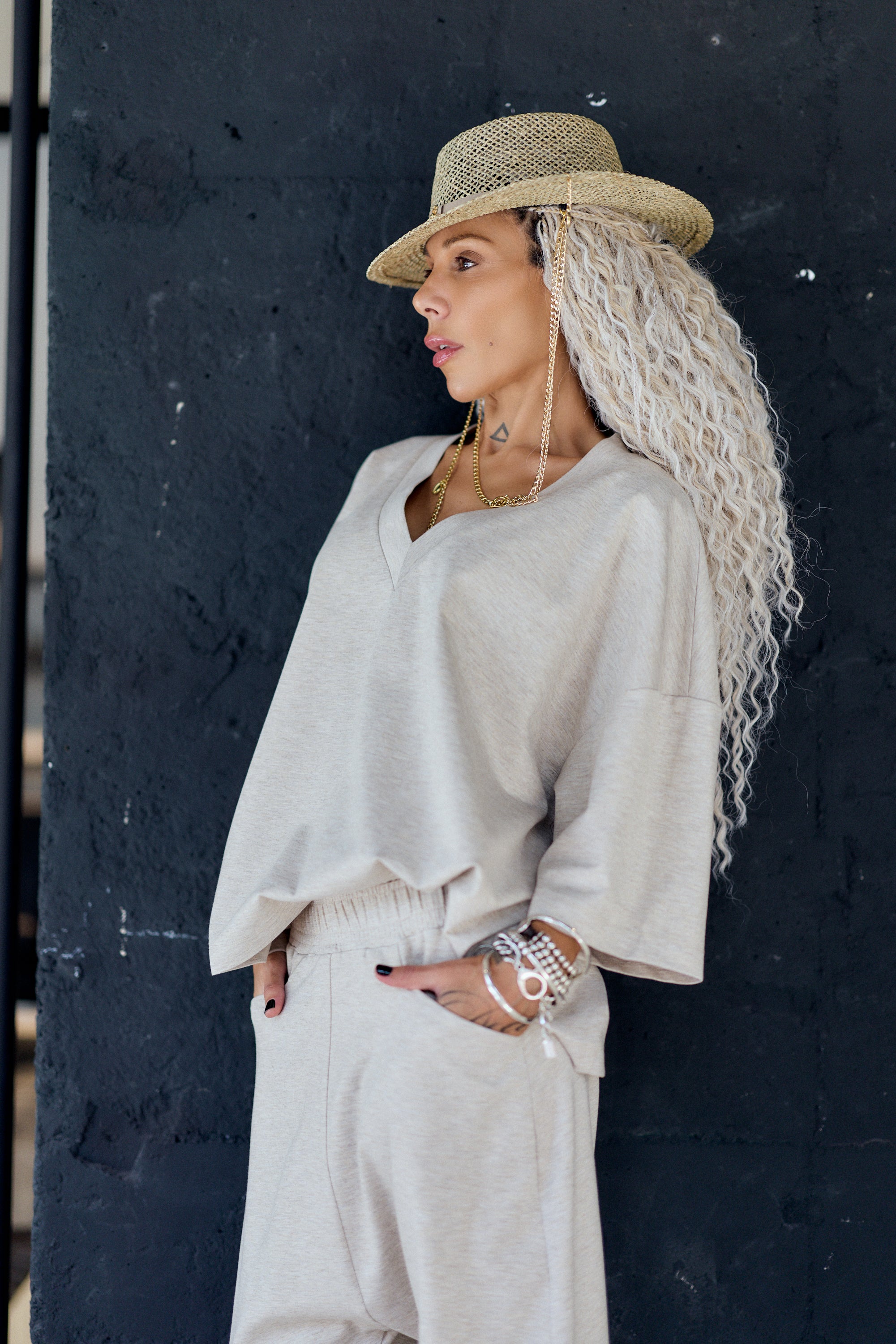 Beige Oversized V-Neck Two-Piece Matching Set