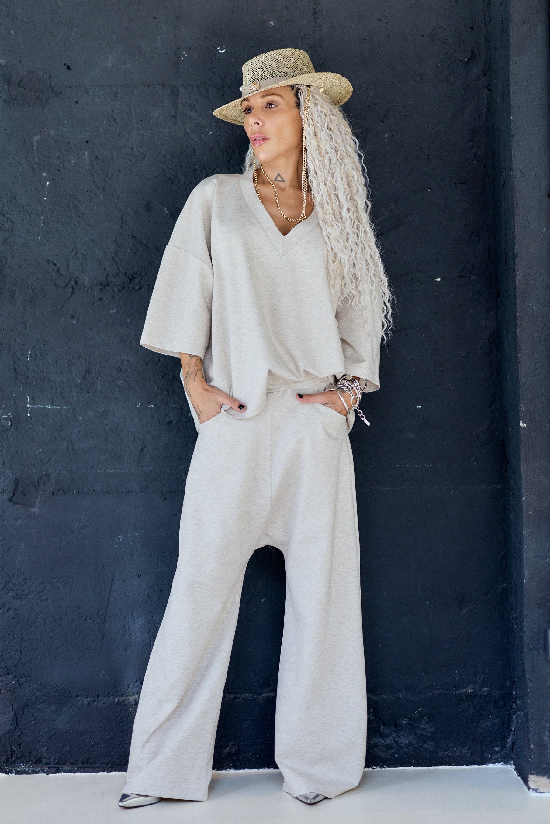 Beige Oversized V-Neck Two-Piece Matching Set