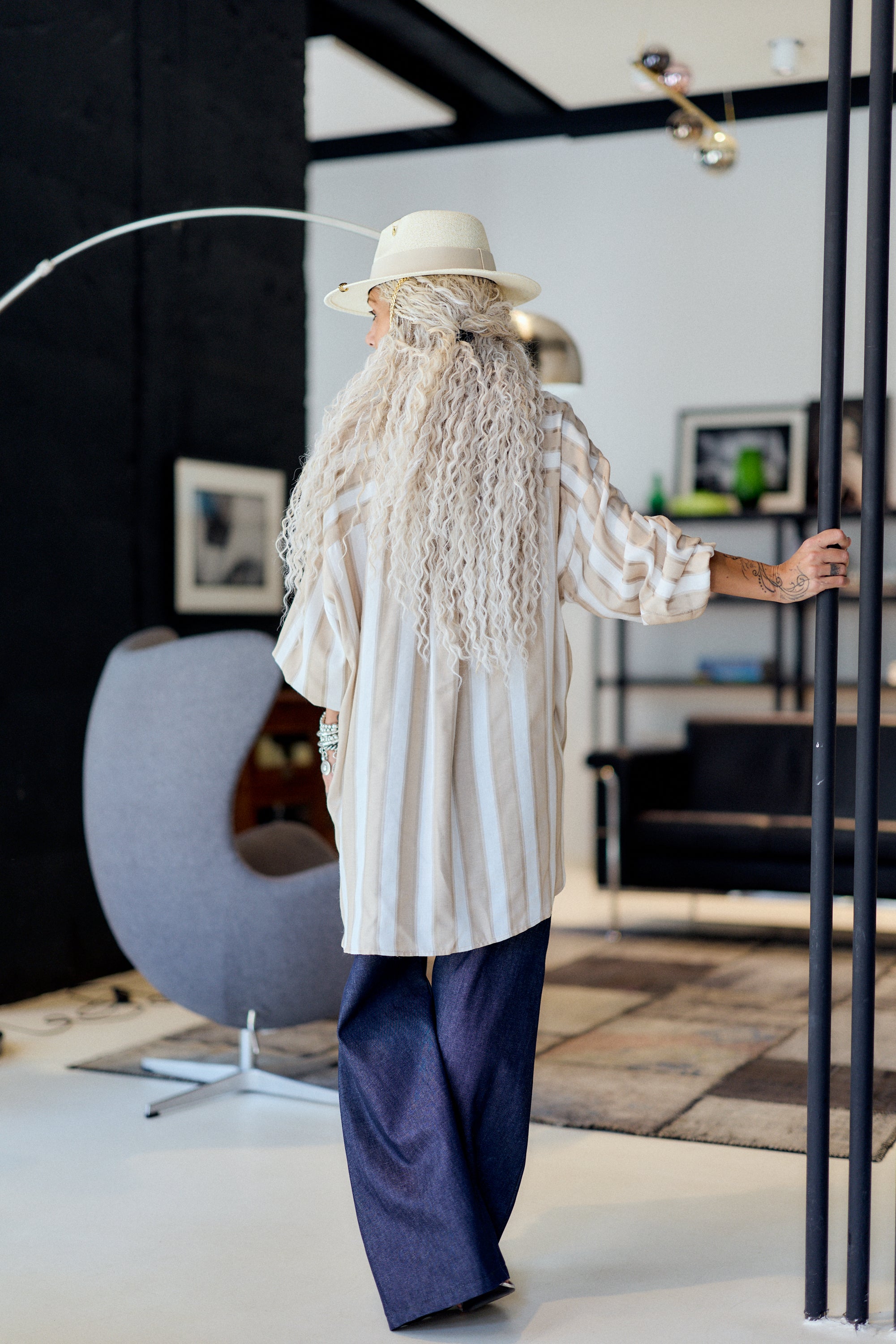 Beige and White Striped Oversized Shirt