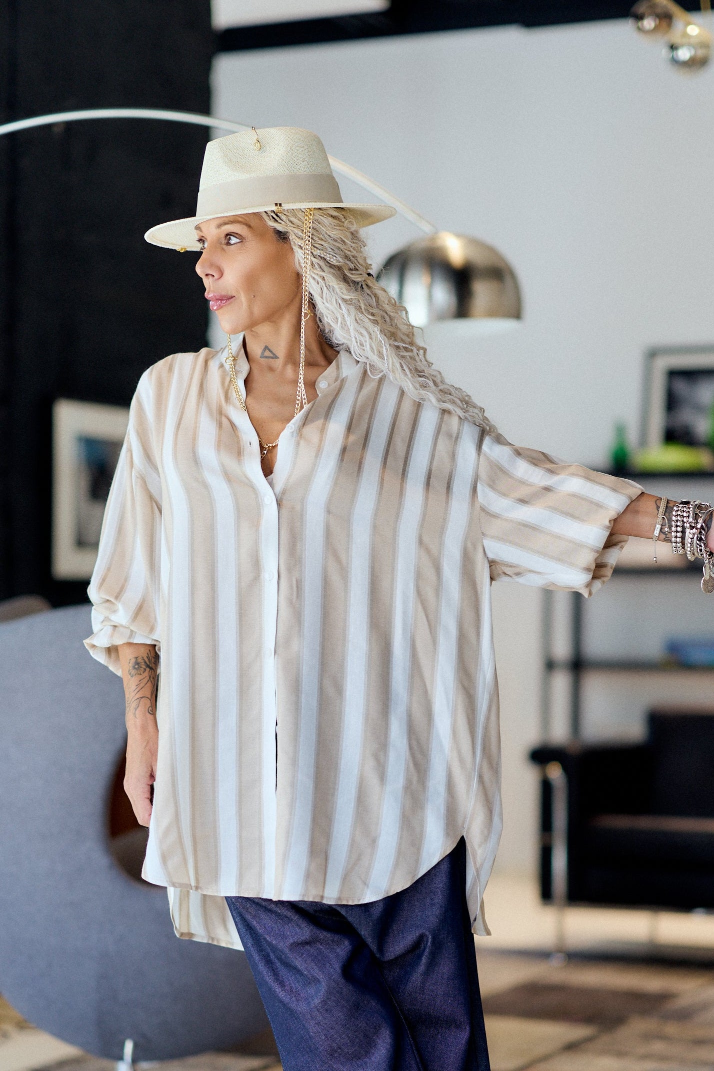 Beige and White Striped Oversized Shirt