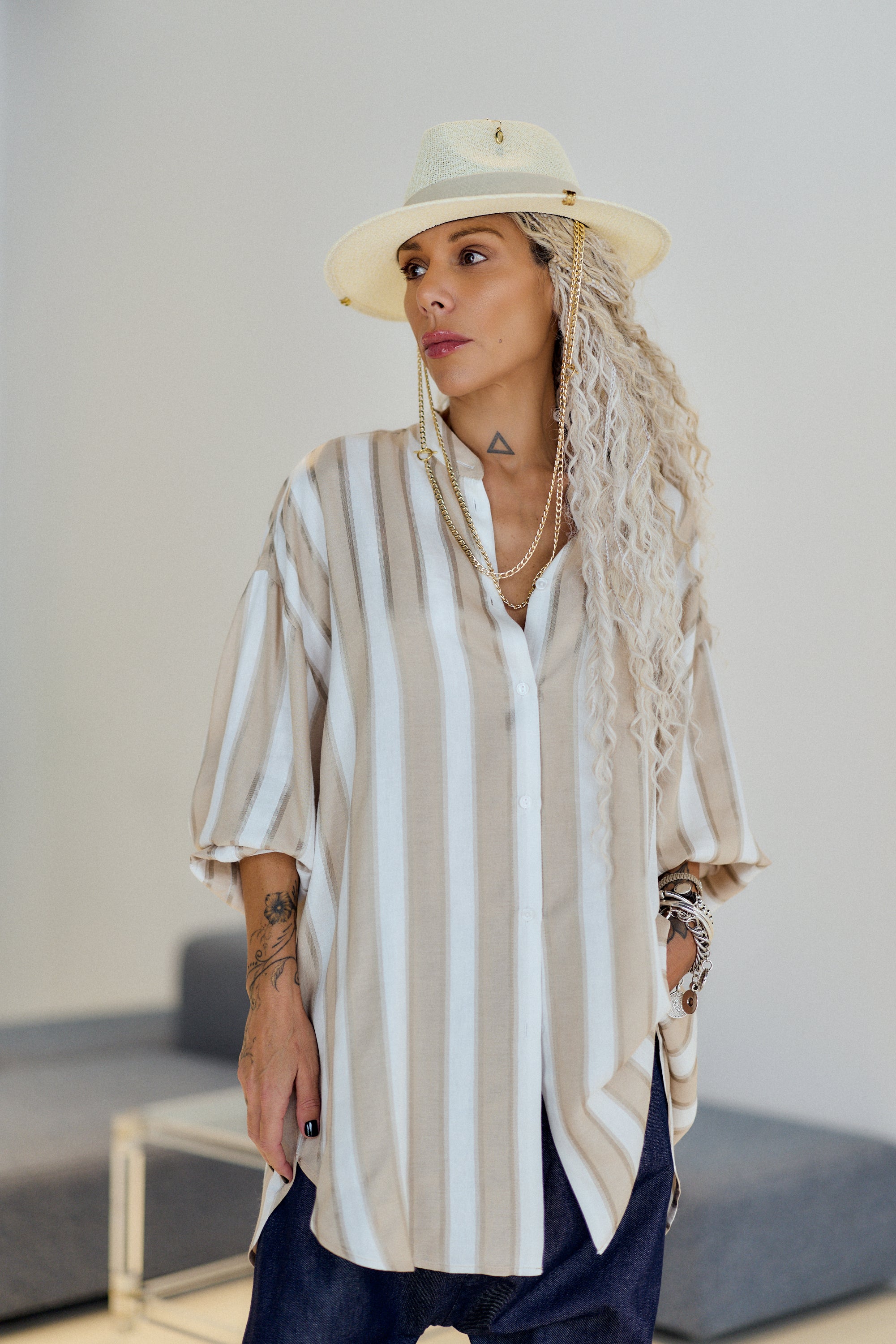 Beige and White Striped Oversized Shirt