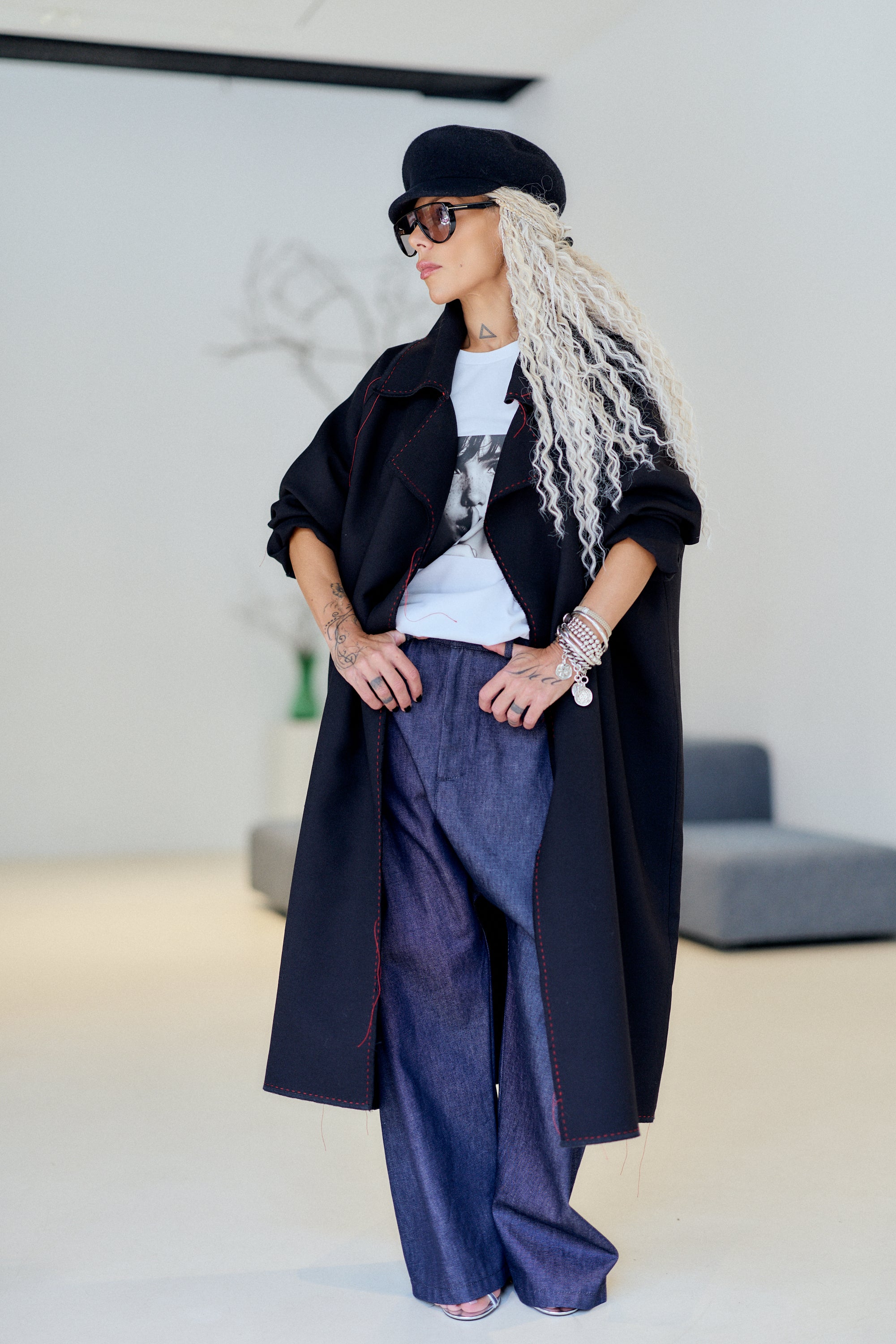 Black Wool Oversized Long Coat with Red Contrast Stitching