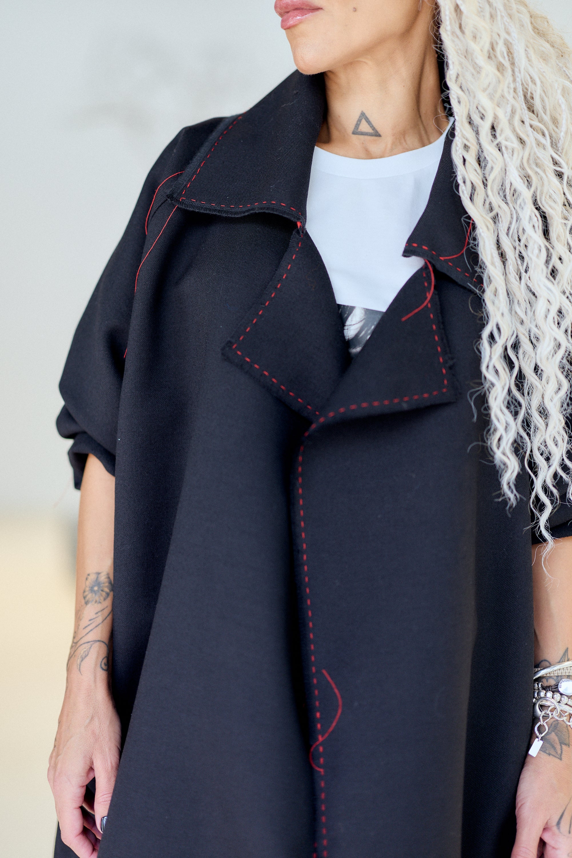 Black Wool Oversized Long Coat with Red Contrast Stitching